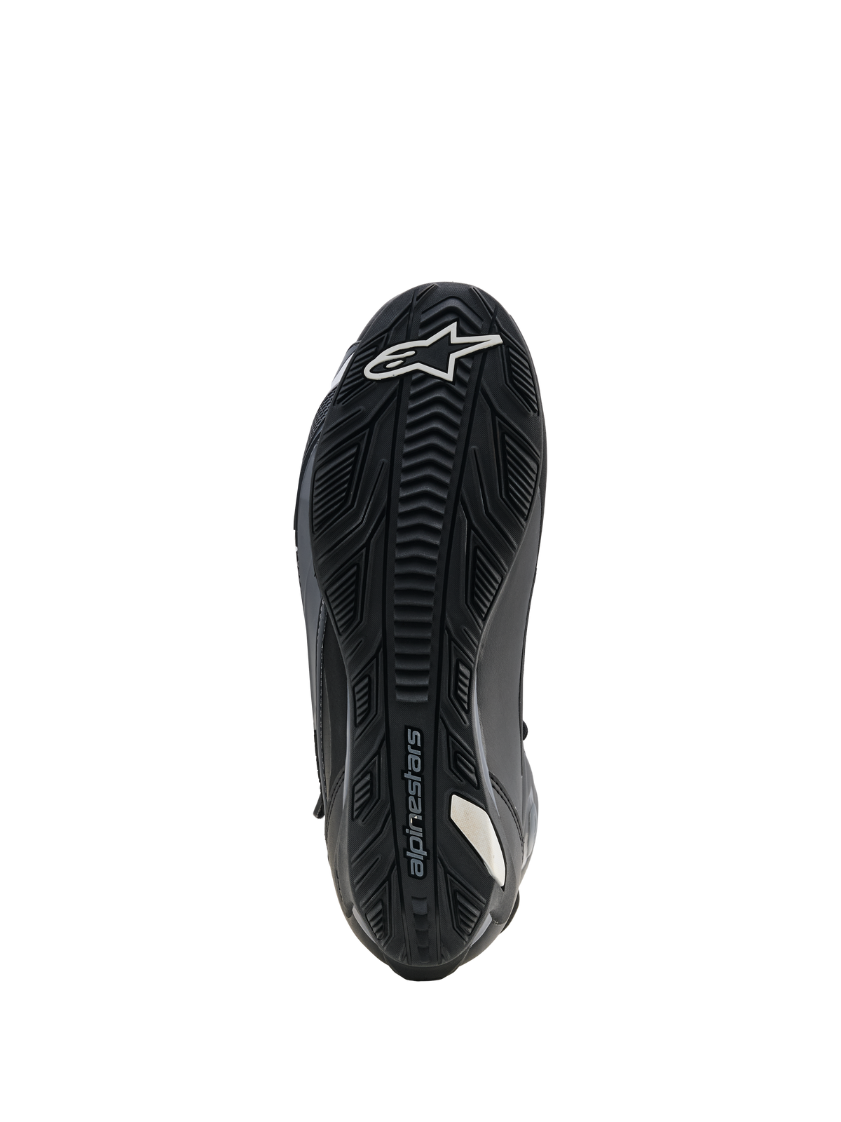 Alpinestars Faster-4 Drystar schoenen, motorrijschoenen, zwart, zicht op de zool met versterkte rubberen buitenzool en getextureerde grip, wit sterlogo bij de neus en Alpinestars-branding, ontworpen voor stabiliteit en grip op de voetsteunen.