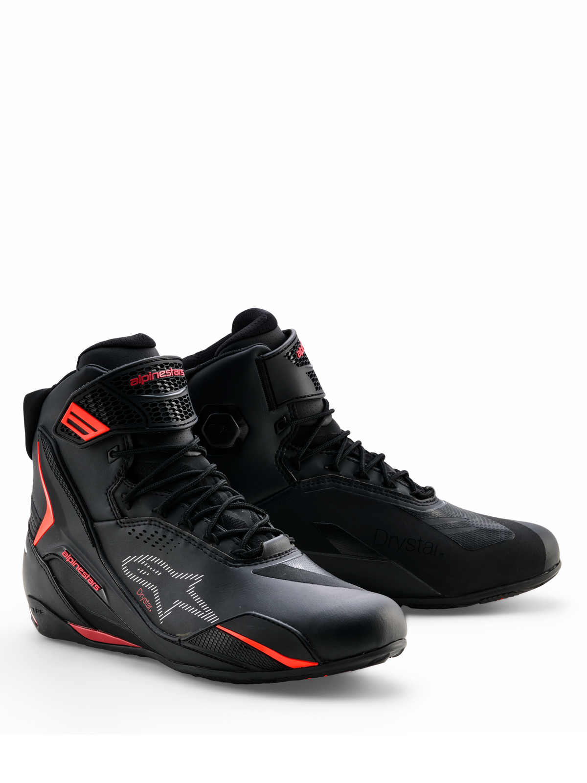 Chaussures Alpinestars Faster-4 Drystar®, chaussures de moto, noir avec accents Rio Red et Red Fluo, design à lacets avec tige en microfibre imperméable, profil athlétique épuré pour la conduite sur route et sportive