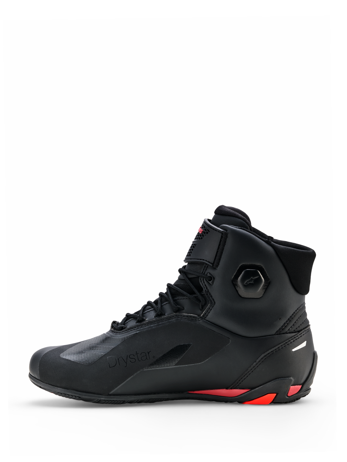 Chaussures Alpinestars Faster-4 Drystar®, chaussures de moto, noir avec accents rouge Rio et rouge fluo, profil latéral, dotées d'une construction en microfibre sans couture, marquage Drystar et talon renforcé avec des touches de rouge