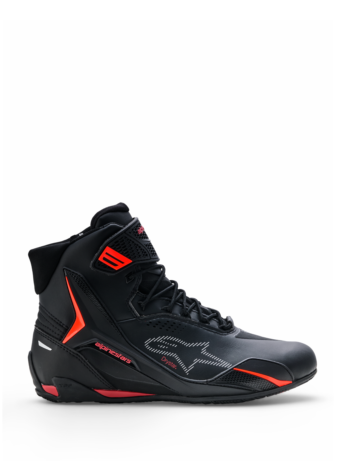 Chaussures Alpinestars Faster-4 Drystar®, chaussures de moto, noires avec accents Rouge Rio et Rouge Fluo, vue de profil, design montant avec fermeture à lacets et sangle de cheville, style urbain sportif