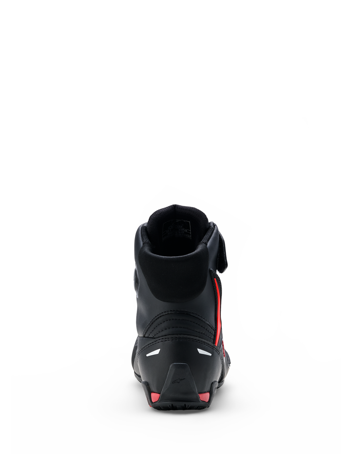Chaussures Alpinestars Faster-4 Drystar®, chaussures de moto, noires avec des accents Rio Red et Red Fluo, vue arrière montrant le contrefort de talon renforcé, design montant et construction en microfibre sans couture.