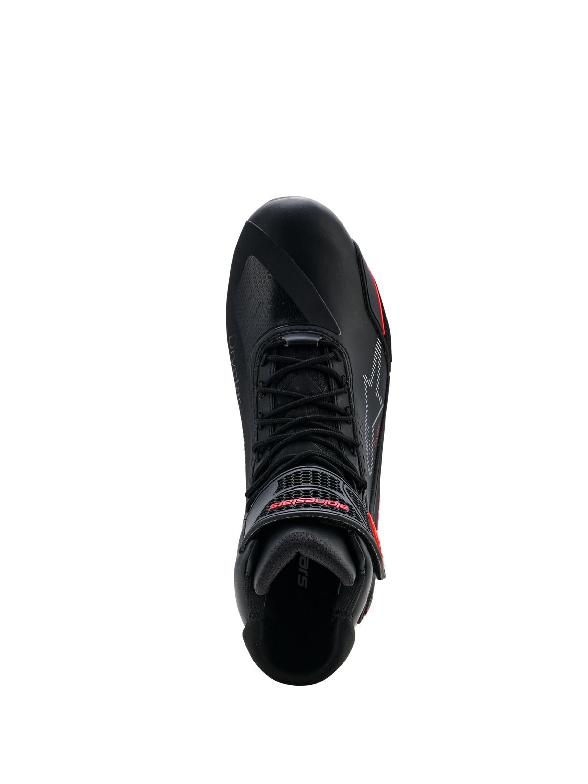 Chaussures Alpinestars Faster-4 Drystar®, noires avec accents Rio Red et Red Fluo, vue de dessus montrant le système de laçage et la sangle auto-agrippante avec logo rouge, chaussures de moto imperméables