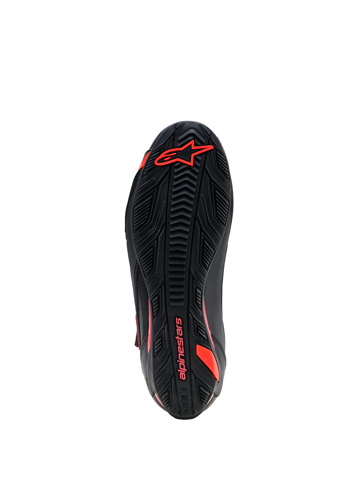 Chaussures Alpinestars Faster-4 Drystar®, vue de la semelle extérieure, noir avec marquage rouge fluo, semelle adhérente en caoutchouc texturé avec logo et lettrage Alpinestars, chaussures de moto durables