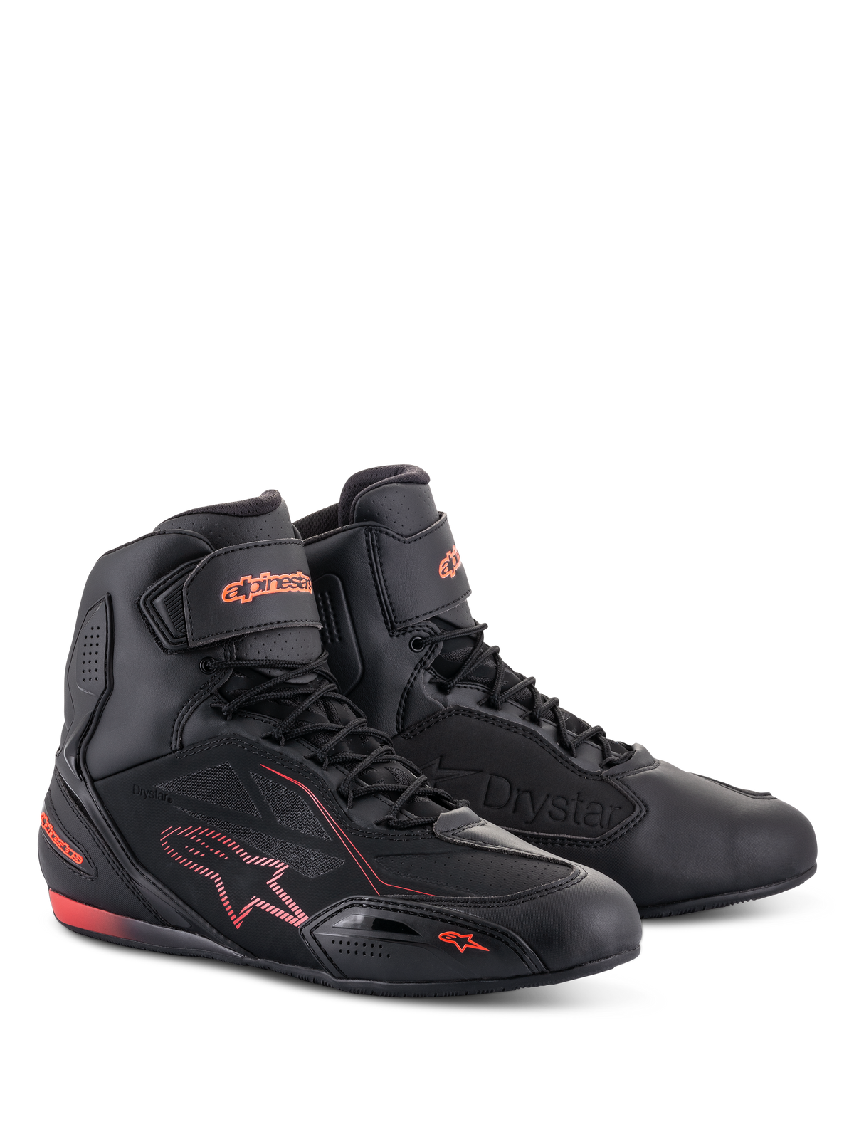 Alpinestars Faster-3 Drystar® Schuhe, Motorradschuhe, Schwarz und Fluo-Rot, mit hohem Profil, Schnürverschluss und Knöchelriemen, Mikrofaser-Konstruktion mit fluoreszierend roten Logos und Akzenten.