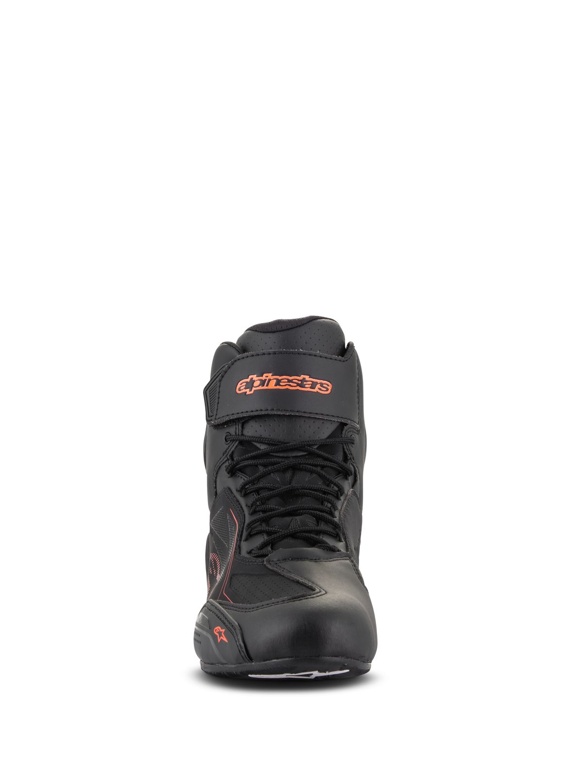 Alpinestars Faster-3 Drystar® Schuhe, Schwarz und Rot Fluo, Vorderansicht, wasserdichter Motorradschuh mit Mikrofaser-Konstruktion, Schnürsystem mit Klettverschluss am Knöchel, fluoreszierendes Logo-Branding