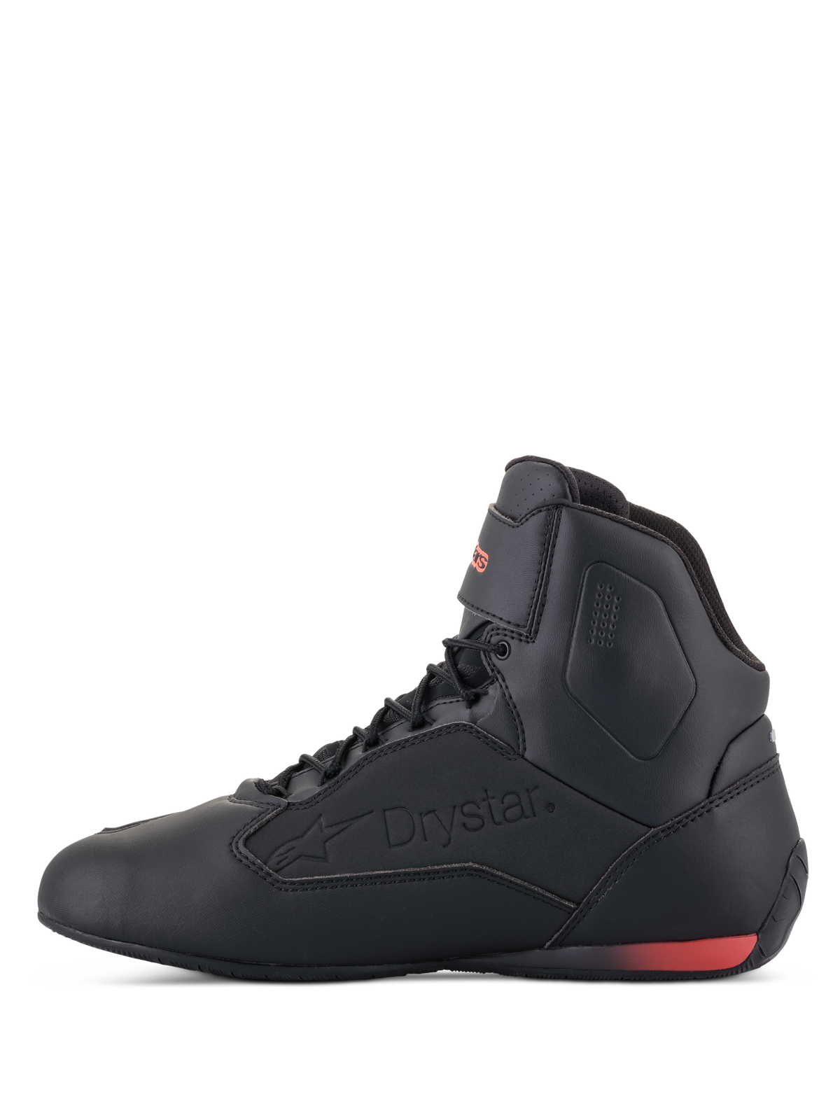 Alpinestars Faster-3 Drystar® Schuhe, Motorradschuhe, Schwarz und Rot Fluo, Seitenansicht mit geprägtem Drystar-Logo und fluoreszierendem rotem Fersenakzent, schlankes Mikrofaser-Chassis für Stadt- und Straßenfahrten