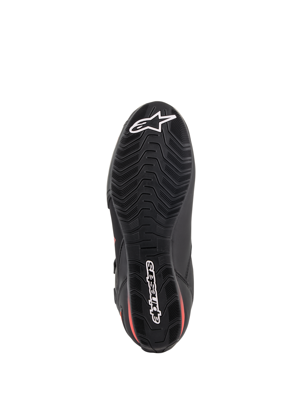 Alpinestars Faster-3 Drystar® Schuhe, Motorradschuhe, Schwarz und Fluo-Rot, Unterseitenansicht der Sohle, strukturierte Gummiaußensohle mit wellenförmigem Profilmuster, mit weißem Alpinestars-Stern und Wortmarken-Logo, wasserfestes Performance-Schuhwerk