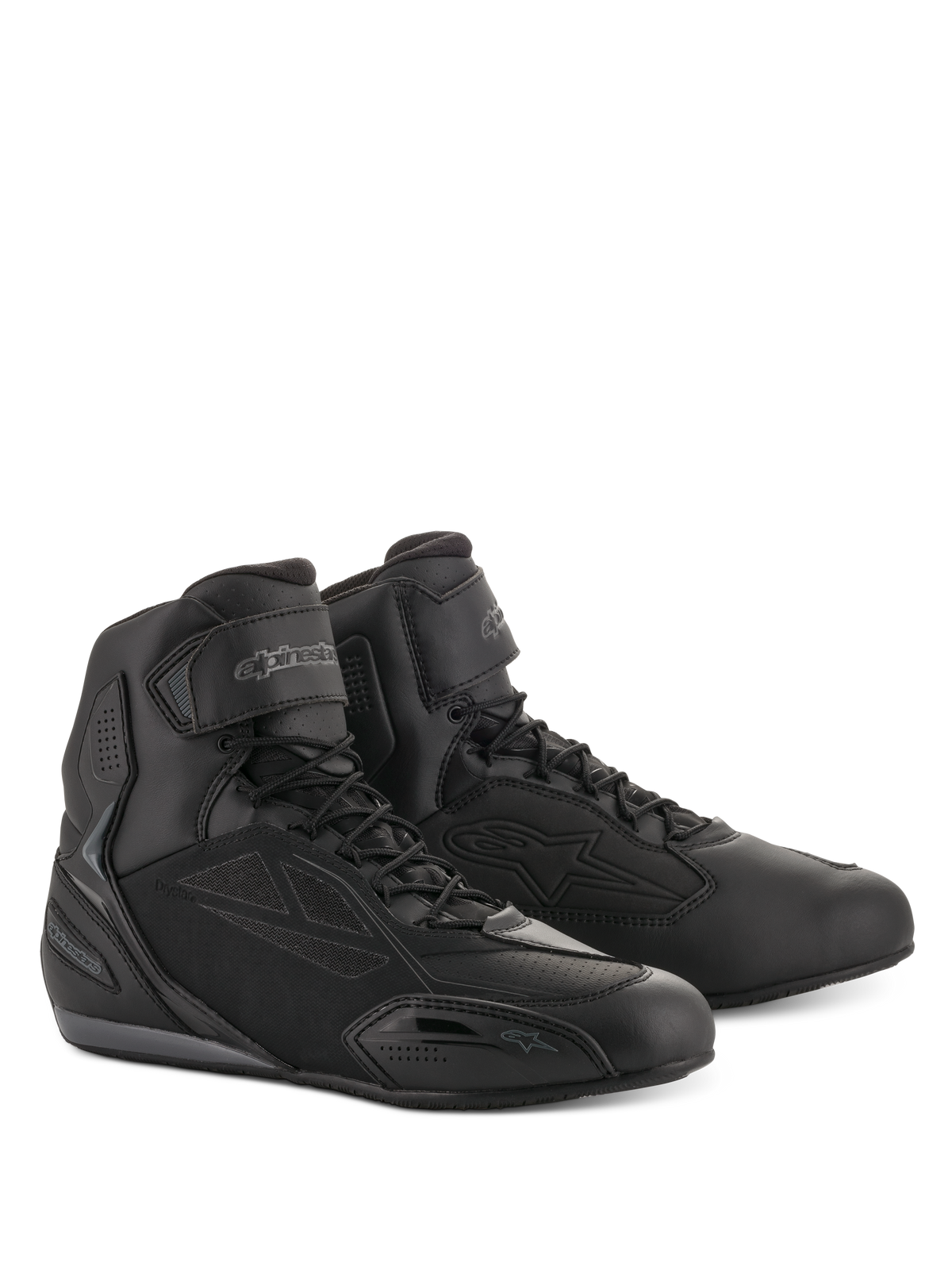 Alpinestars Faster-3 Drystar® Motorradschuhe, Motorradschuhe, Schwarz und Cool Gray, High-Top-Design mit Schnürverschluss und Klettverschluss am Knöchel, schlankes Mikrofaser-Chassis mit Schutzpaneelen, wasserdichtes Schuhwerk für die Straße.
