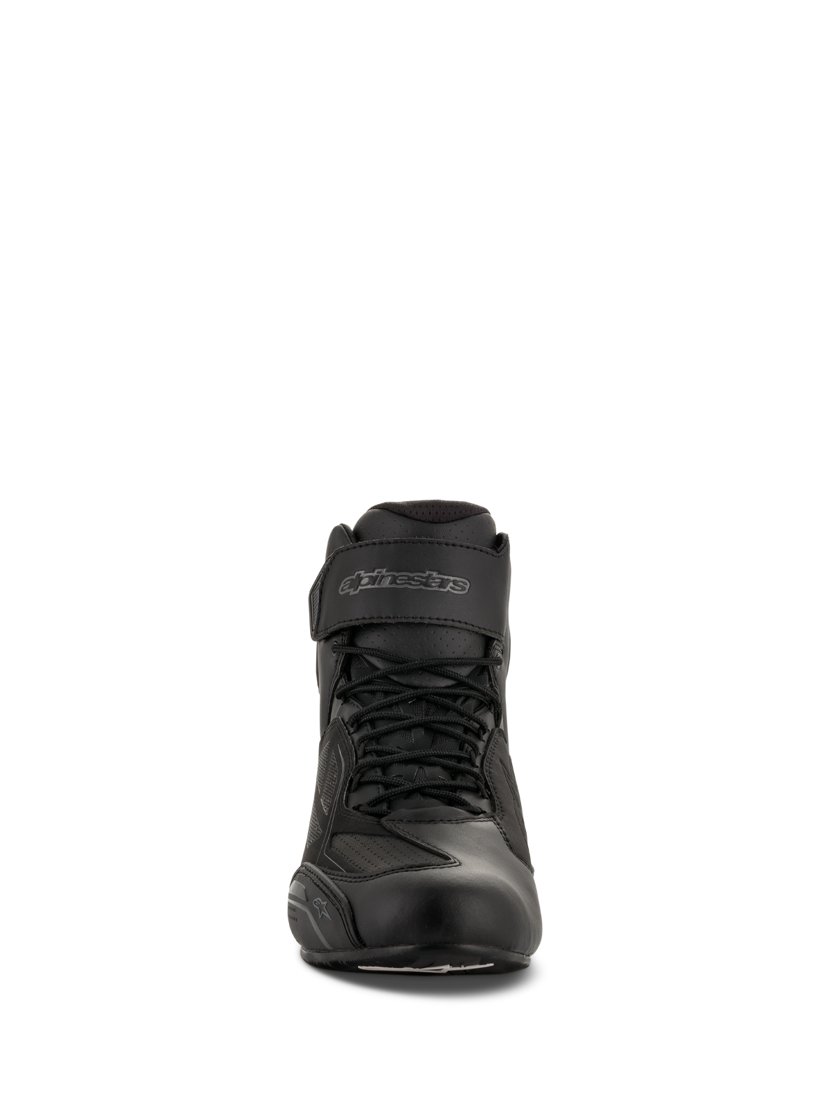 Alpinestars Faster-3 Drystar® Motorradschuhe, Schwarz Cool Gray, Vorderansicht mit Schnürverschluss und Klettverschluss am Knöchel, wasserdichtes Motorrad-Schuhwerk aus Mikrofaser
