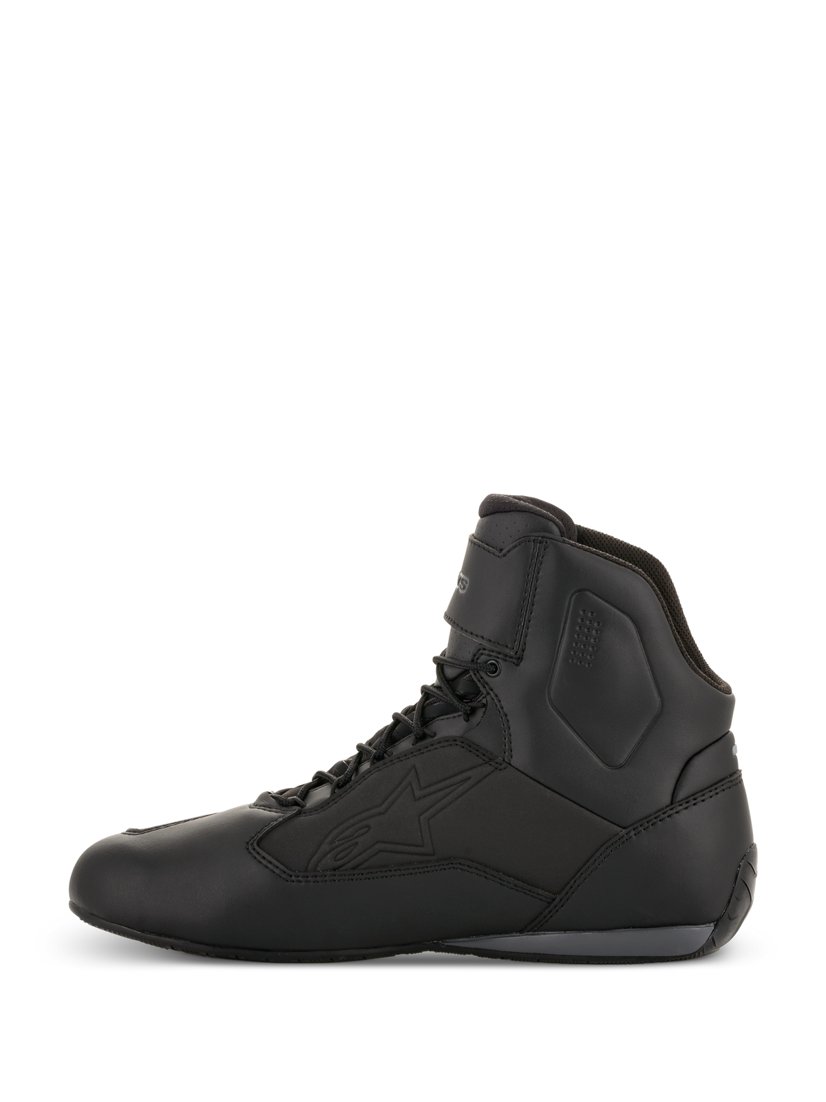 Alpinestars Faster-3 Drystar® Motorradschuhe, Motorradschuhe, Schwarz Cool Gray, Seitenprofil-Ansicht, High-Top-Design mit Schnürung, wasserdichte Mikrofaser-Konstruktion, technische Ausrüstung für Straßenfahrten
