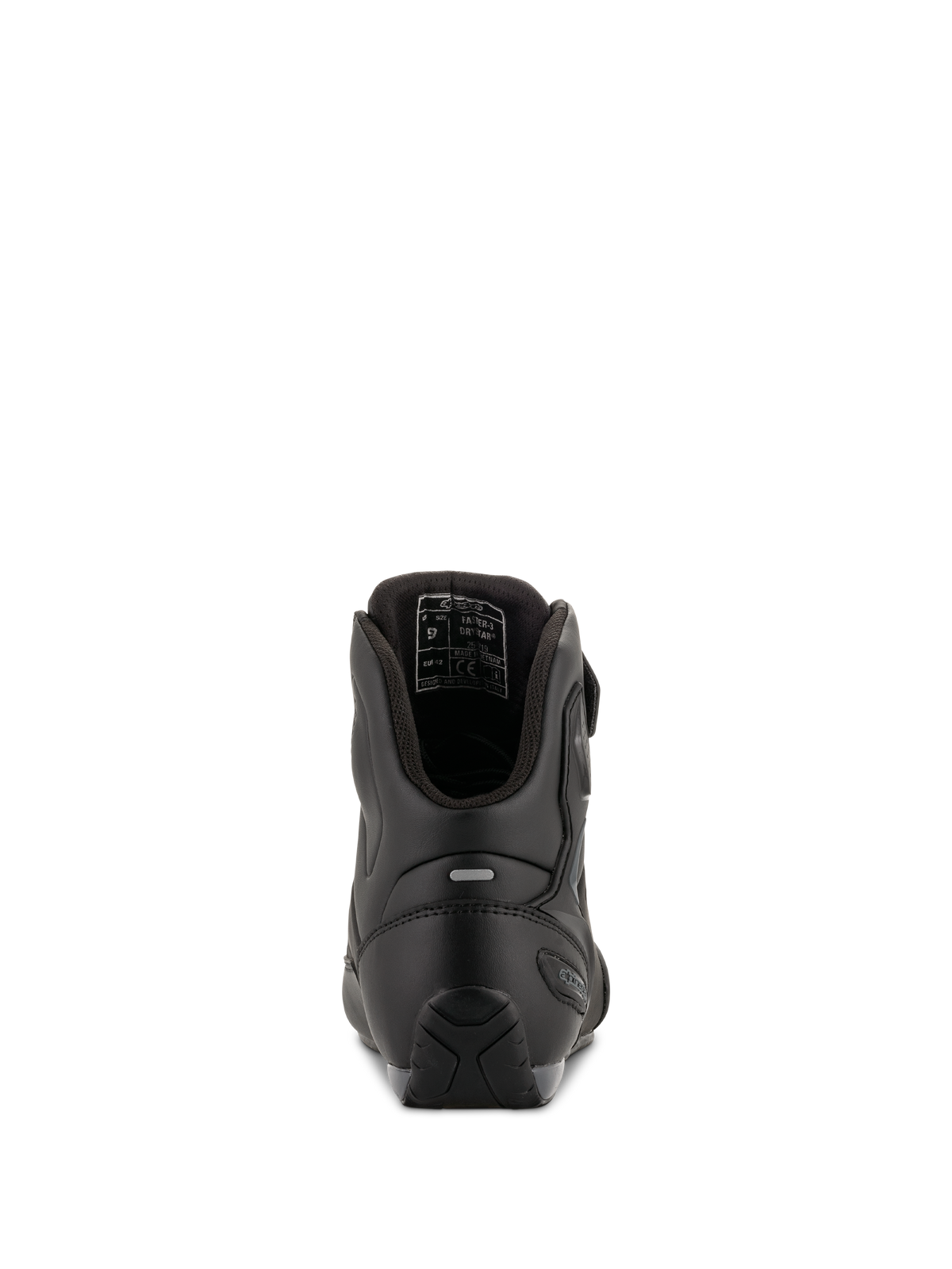 Alpinestars Faster-3 Drystar® Motorradschuhe, Black Cool Gray, Rückansicht mit Fersenverstärkung, reflektierendem Tab und Innenfutter, wasserdichte Mikrofaser-Konstruktion für Straßenfahrten.