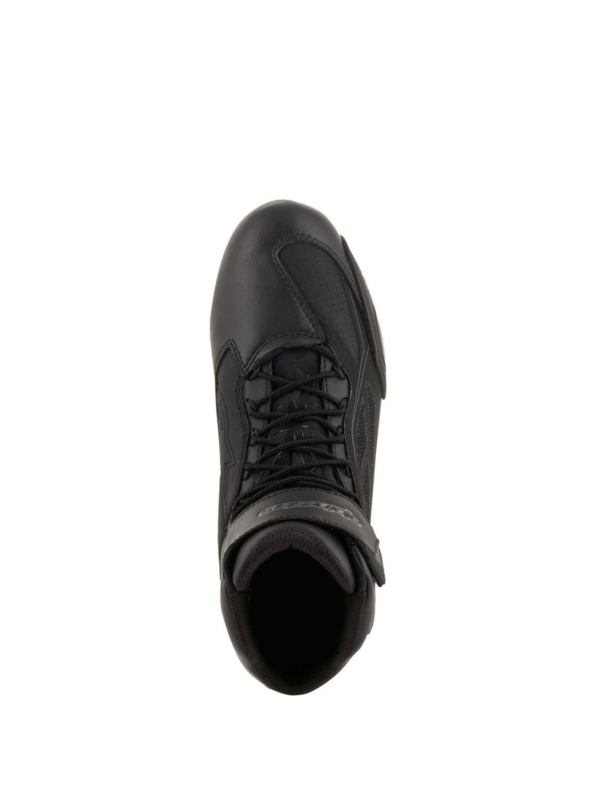 Alpinestars Faster-3 Drystar® Motorradschuhe, Schwarz und Cool Gray, Ansicht von oben zeigt Mikrofaser-Chassis, schwarze Schnürsenkel und Klettverschluss am Knöchel, technisches sportlich inspiriertes Design für Straßenfahrten bei jedem Wetter