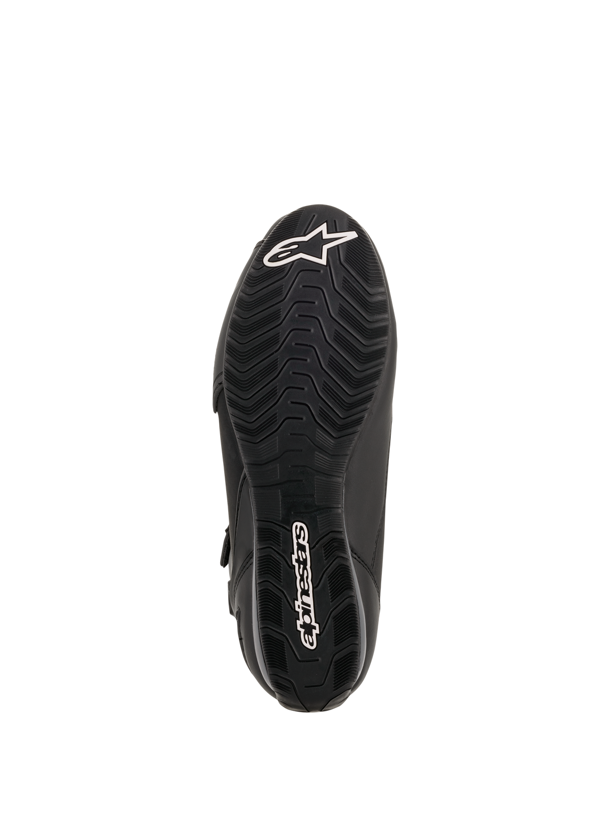 Alpinestars Faster-3 Drystar® Motorradschuhe, Sohlenansicht, schwarzer Gummi mit wellenförmigem Profilmuster, weißes Alpinestars Stern-Logo an der Zehenpartie und Wortmarke an der Ferse, technisches Motorrad-Schuhwerk.