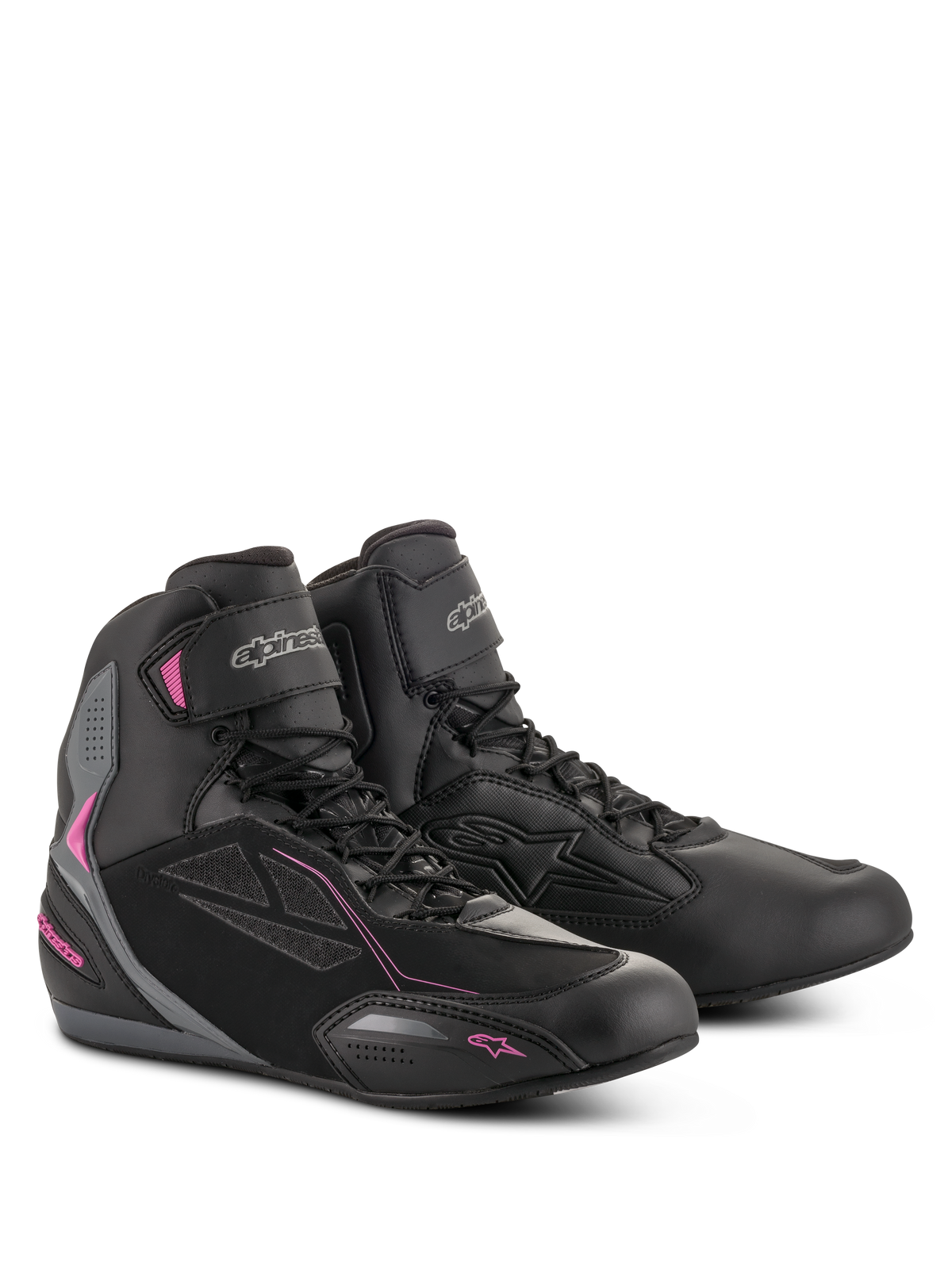 Alpinestars Stella Faster-3 Drystar Damenschuhe, Motorradschuhe, Schwarz, Dunkelgrau und Fuchsia, wasserdichte Konstruktion aus Mikrofaser und PU-Wildleder, Schnürverschluss mit Klettverschluss-Knöchelriemen, schlankes urbanes Sportdesign