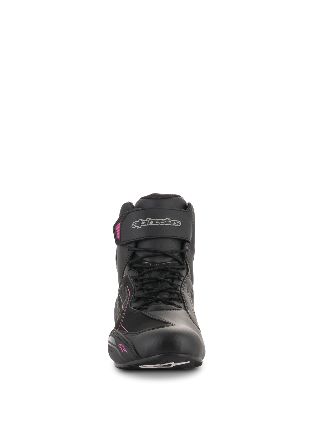 Alpinestars Stella Faster-3 Drystar® Damen-Schuhe, Motorradschuhe, Schwarz, Dunkelgrau und Fuchsia, Frontansicht mit Schnürverschluss, Knöchelriemen mit silbernem Logo und pinkfarbenen Akzenten auf einem femininen Profil