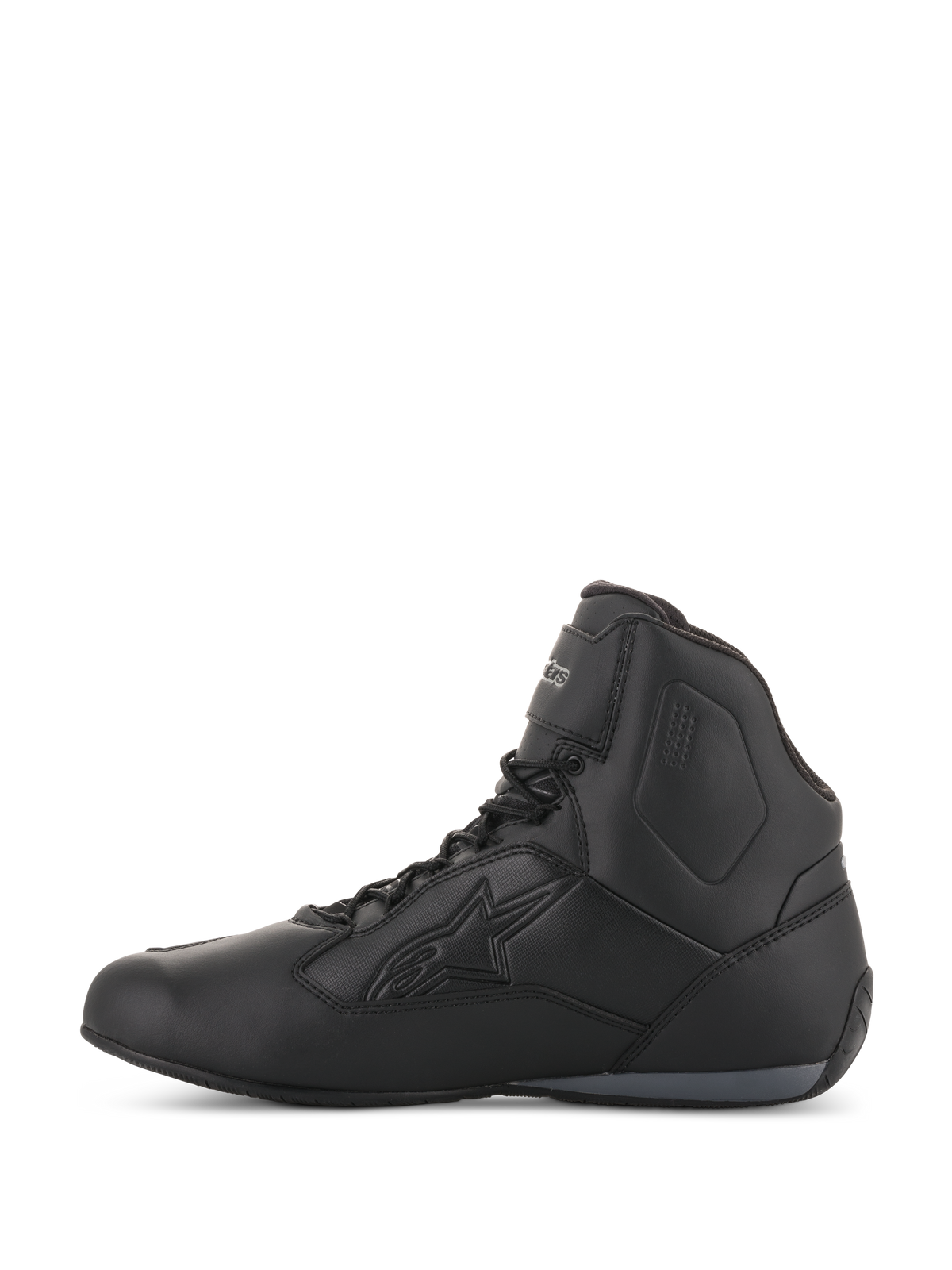 Alpinestars Stella Faster-3 Drystar® Damenschuhe, Schwarz und Dunkelgrau, wasserdichte Motorradschuhe, Seitenansicht mit strapazierfähigem Mikrofaser-Chassis, Schnürverschluss mit Knöchelriemen und geprägtem Alpinestars-Logo.