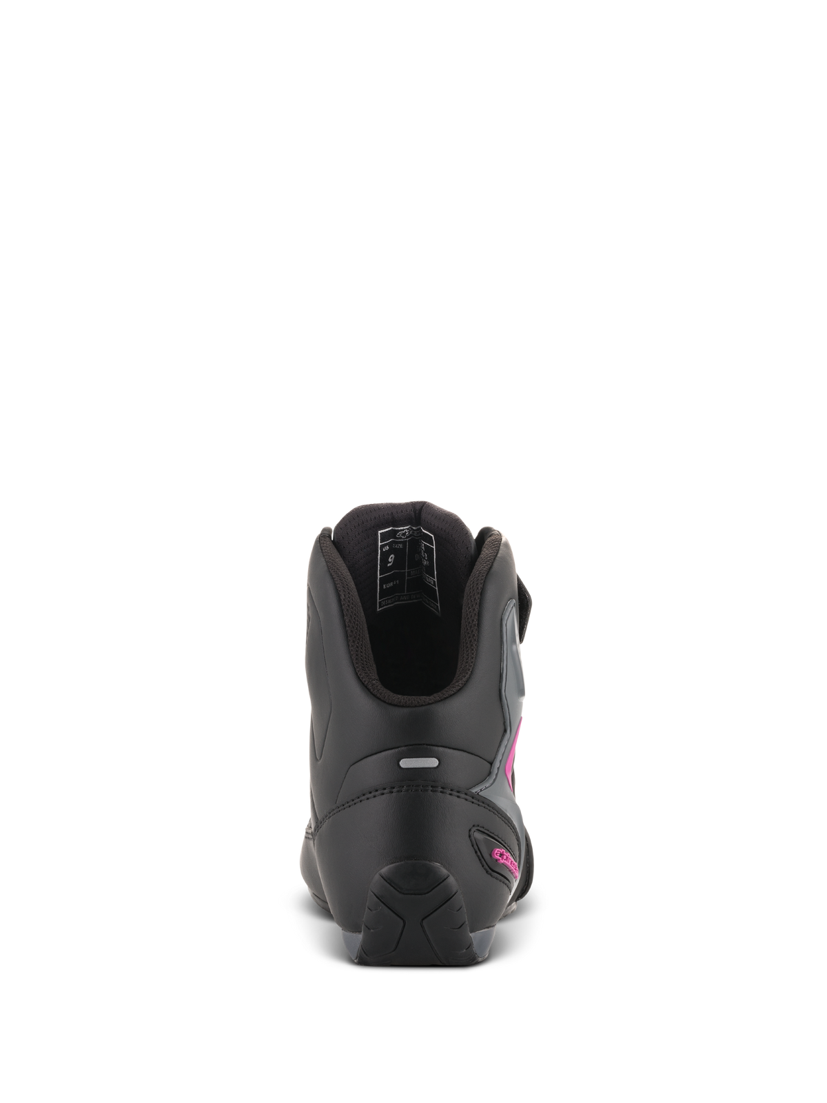 Alpinestars Damen Stella Faster-3 Drystar® Schuhe, Schwarz Dunkelgrau Fuchsia, Rückansicht der Ferse mit reflektierendem Streifen und fuchsiafarbenem Logo, wasserdichte Motorradschuhe mit strukturierter Sohle und gepolstertem Kragen