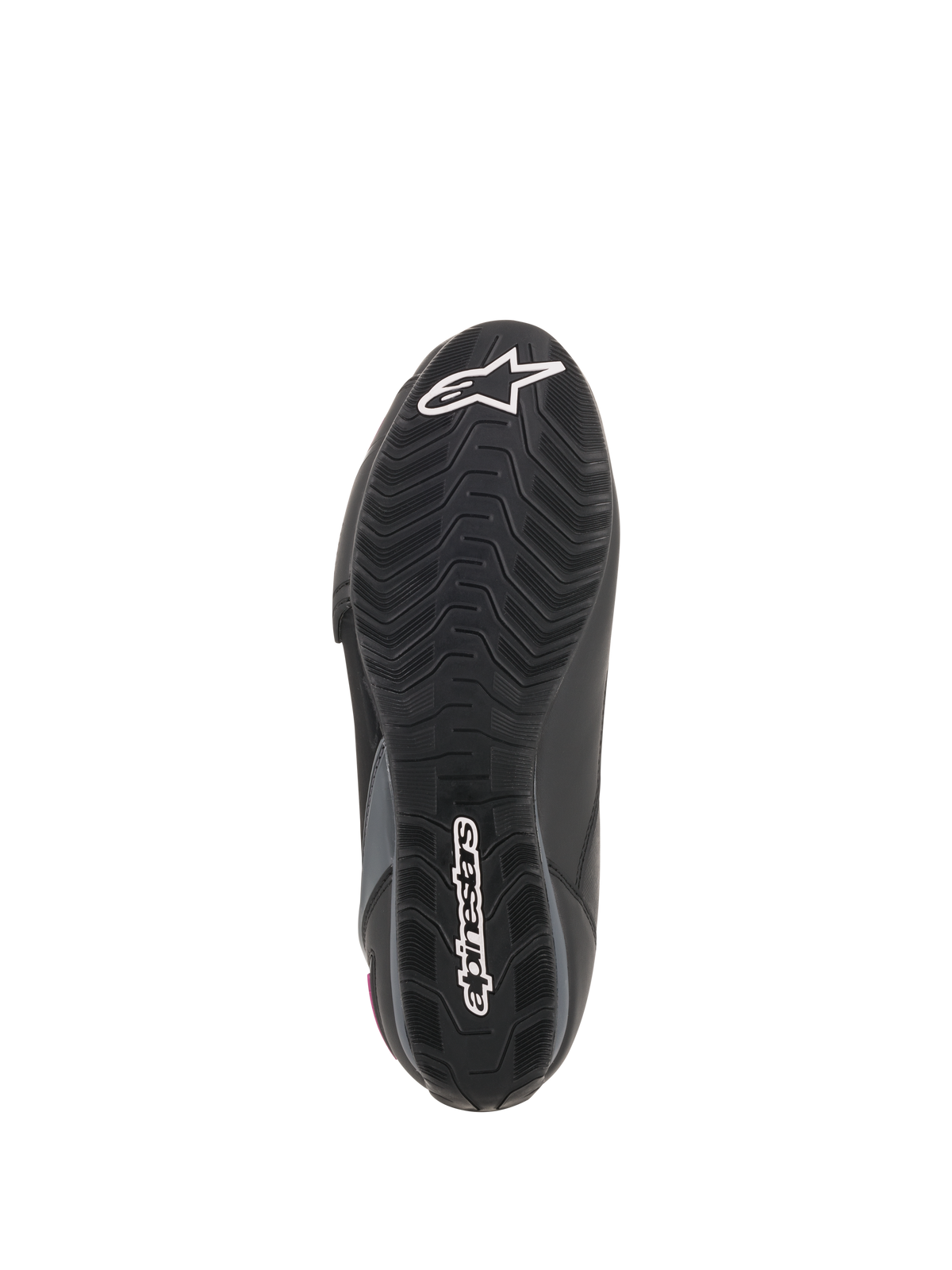 Alpinestars Stella Faster-3 Drystar® Damen-Motorradschuhe, Sohlenansicht, schwarze Gummiaußensohle mit strukturiertem Profilmuster, weißes Alpinestars Stern-Logo und Wortmarken-Branding, strapazierfähige Motorradschuh-Konstruktion