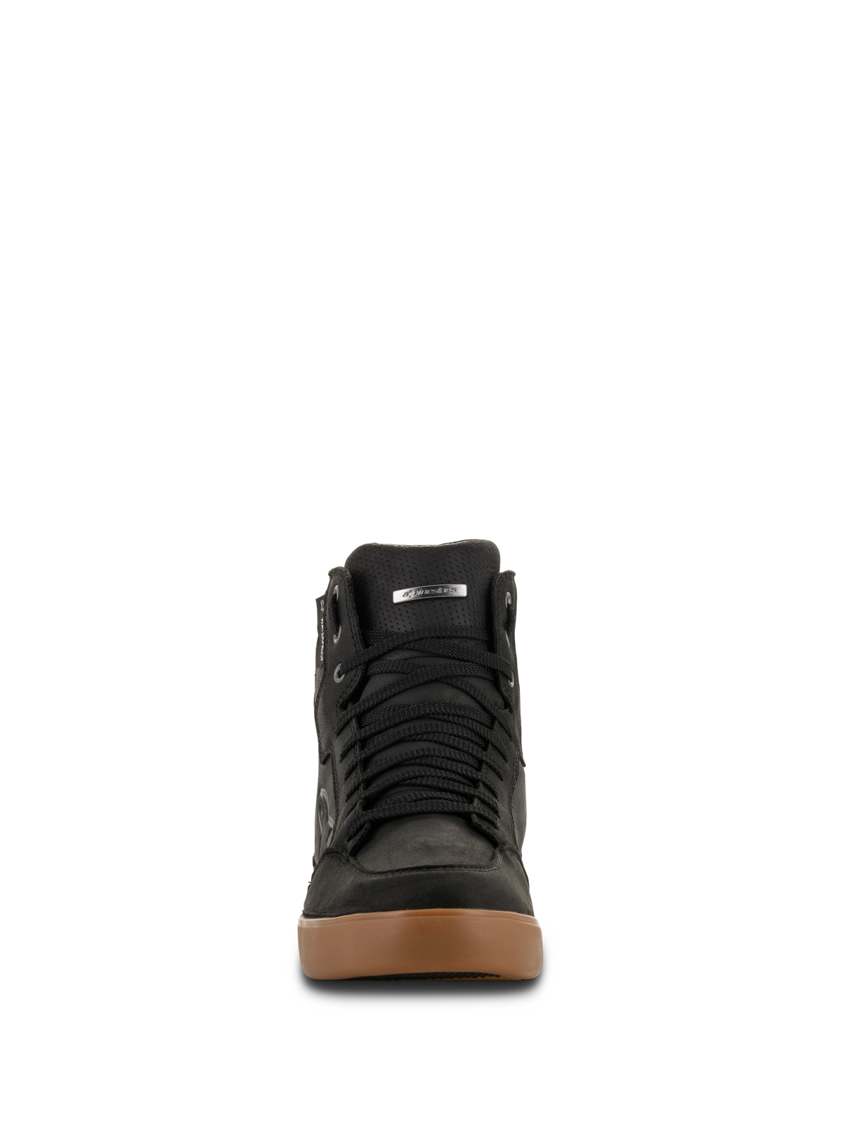 Alpinestars J-6 Waterproof schoen, motorrijschoen, Black Gum, vooraanzicht met zwarte veters en bruine rubberen zool, sneaker-stijl ontwerp voor stedelijk rijden op de weg