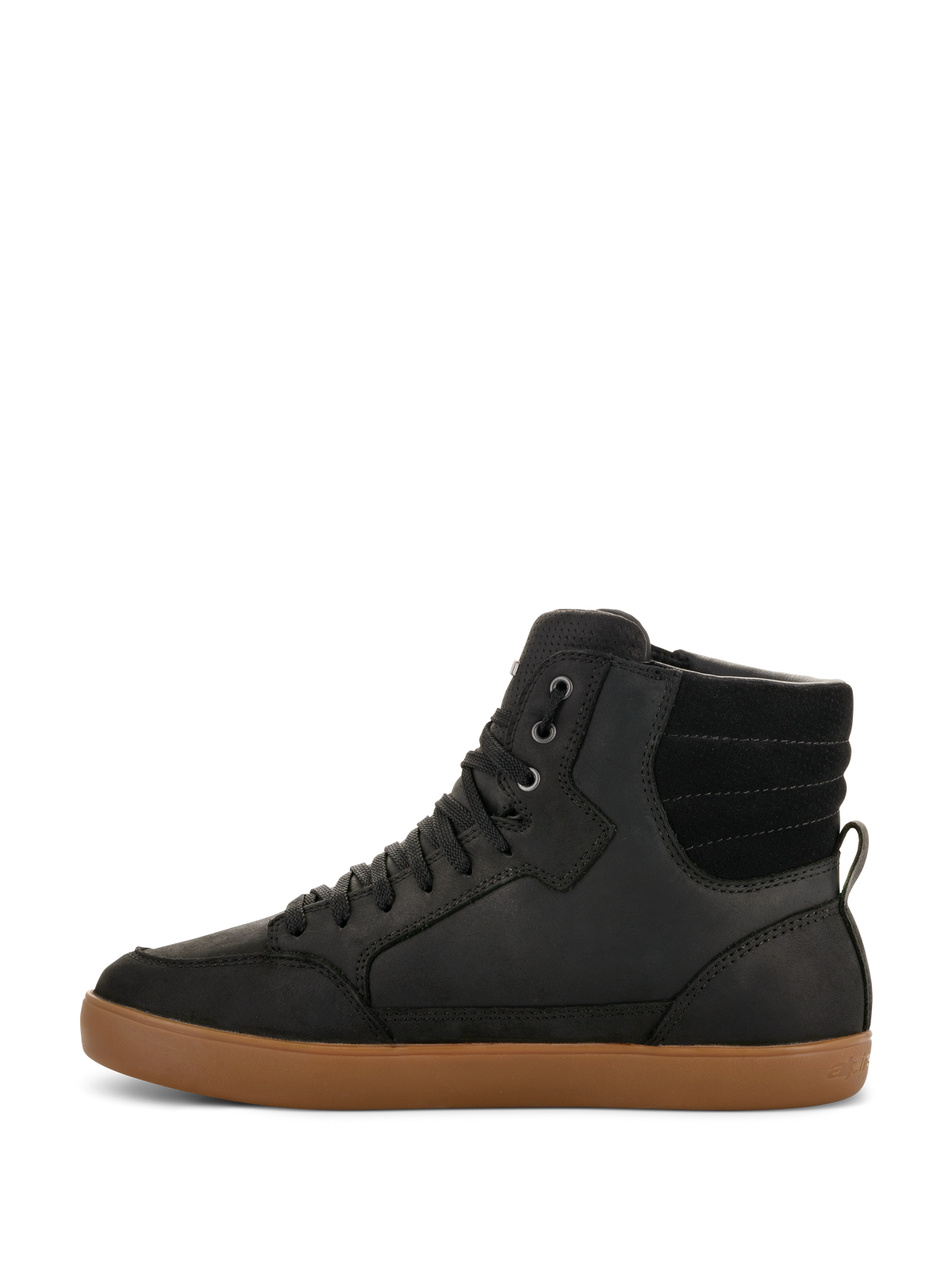 Alpinestars J-6 Waterproof schoen, motorrijschoen, zwart met bruine gumzool, zijaanzicht, high-top sneakerontwerp, lederen bovenwerk, casual stedelijk motorschoeisel