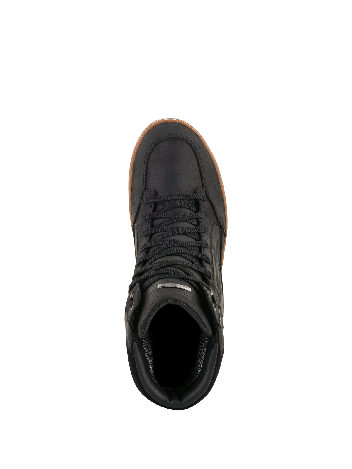 Alpinestars J-6 Waterproof schoen, Black Gum, bovenaanzicht, zwarte leren motorrijschoen met gumkleurige rubberen zool, urban motorkleding in sneakerstijl met zwarte veters