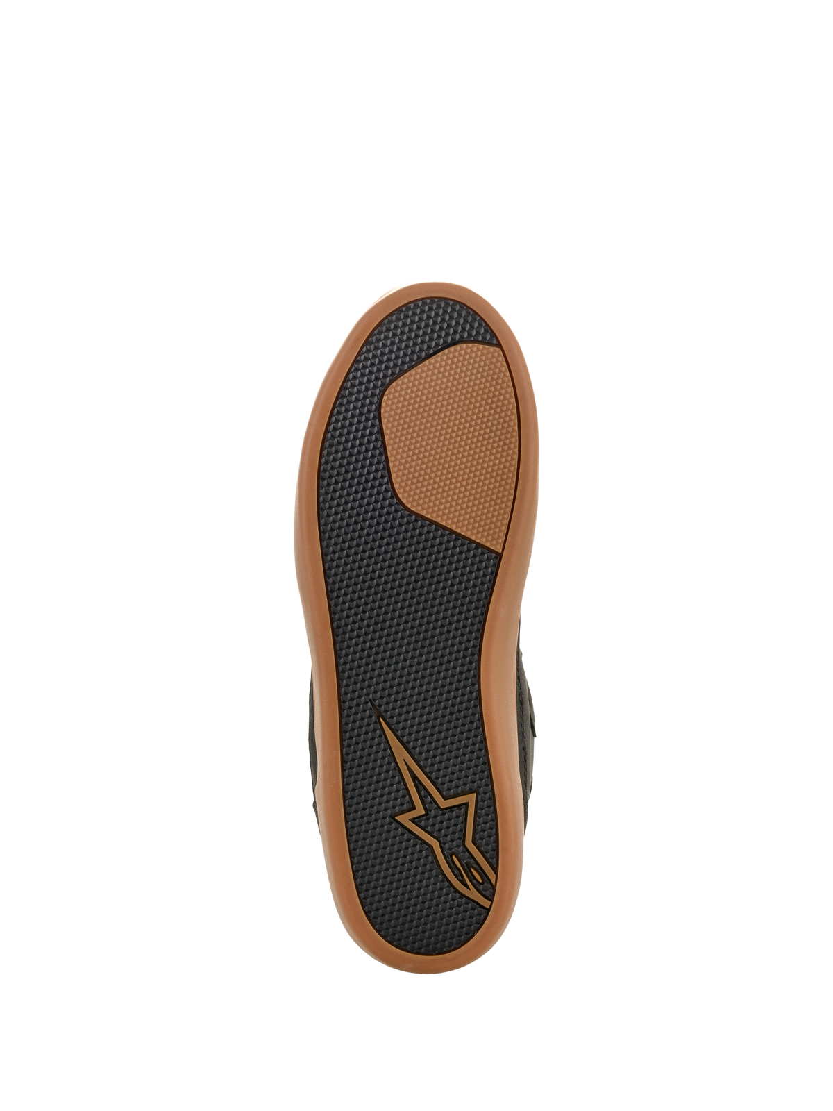 Alpinestars J-6 Waterproof schoen, onderaanzicht van de zool, zwart en gum, getextureerd rubberen profiel voor grip en duurzaamheid, voorzien van een beige Astars-logo en gum-gekleurde buitenrand, motorschoen in sneakerstijl
