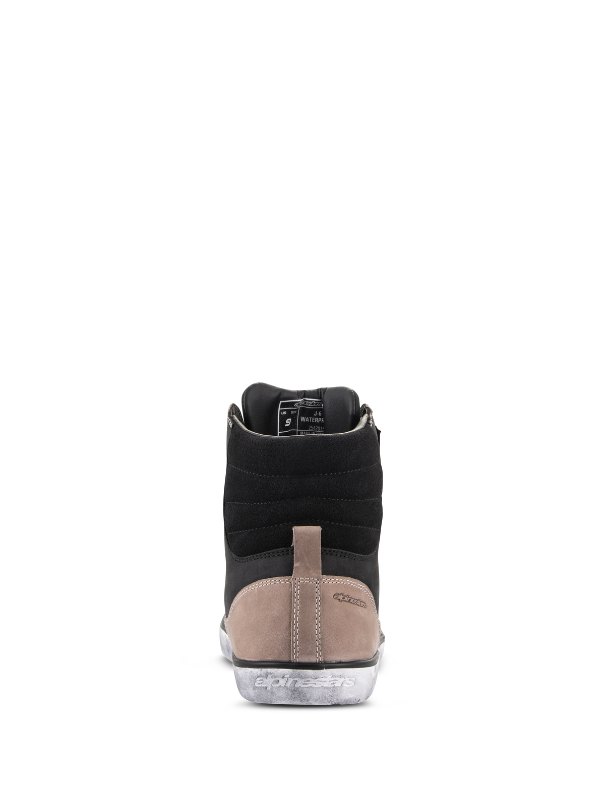 Chaussure Alpinestars J-6 Waterproof, chaussure de moto, Noir Flint Blanc, vue arrière montrant la tige en cuir noir, l'empiècement au talon beige avec logo embossé et la semelle en caoutchouc blanc à effet usé avec marquage Alpinestars