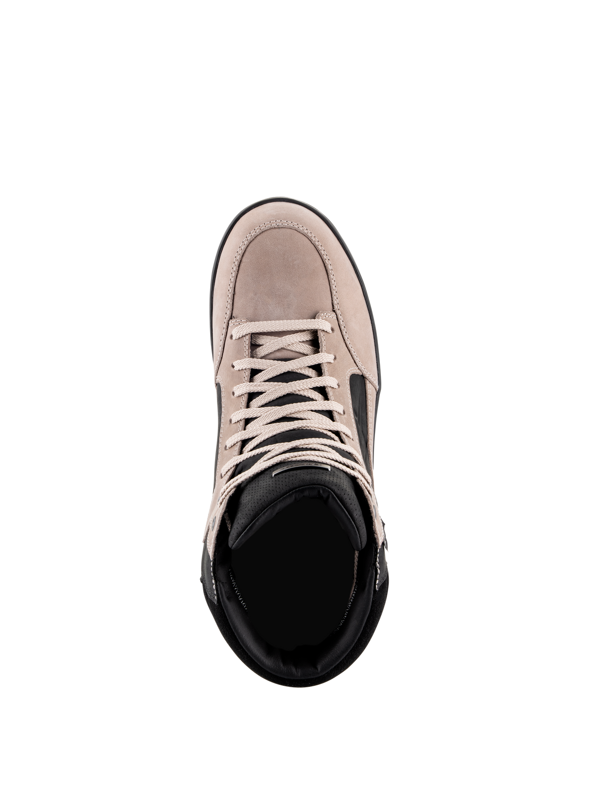Chaussure Alpinestars J-6 Waterproof, chaussure de moto urbaine, Noir Flint Blanc, vue de dessus montrant la tige en cuir suédé, les lacets blancs et le col rembourré noir, design décontracté inspiré des baskets pour les trajets quotidiens à moto