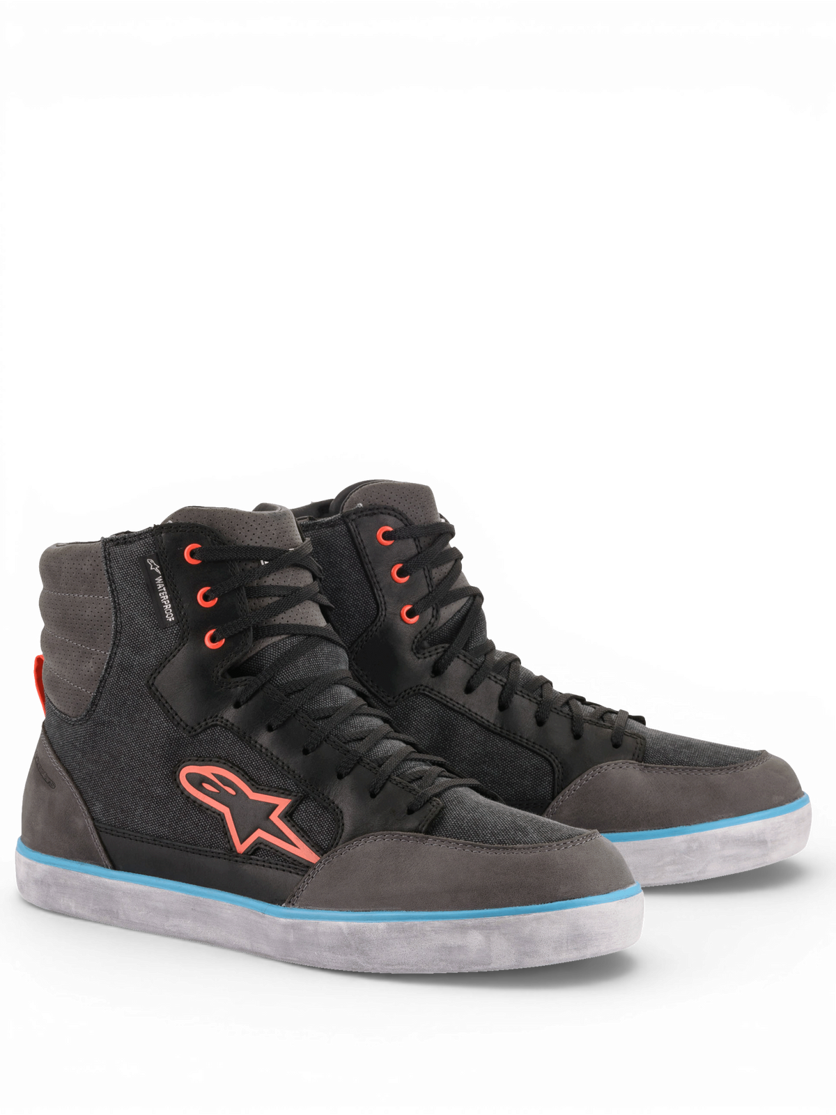 Alpinestars J-6 Wasserdicht Canvas Urban Motorradschuhe für Herren, Grau und Schwarz mit blau-orangen Akzenten.