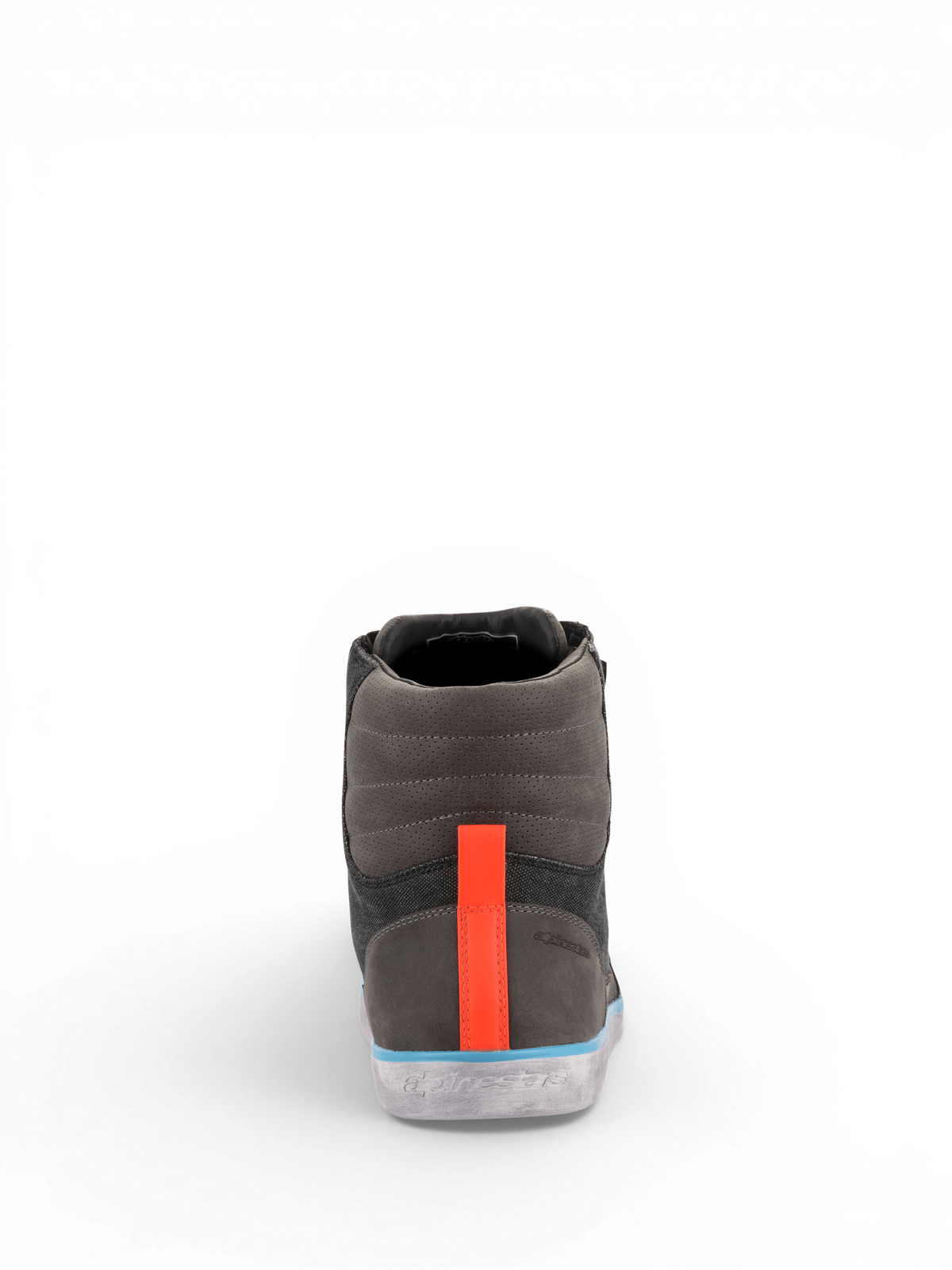 Alpinestars J-6 Wasserdicht Canvas Schuhe, Motorradschuhe in Grau und Anthrazit mit orangem Fersenstreifen und blauen Akzenten, urbaner Stil.