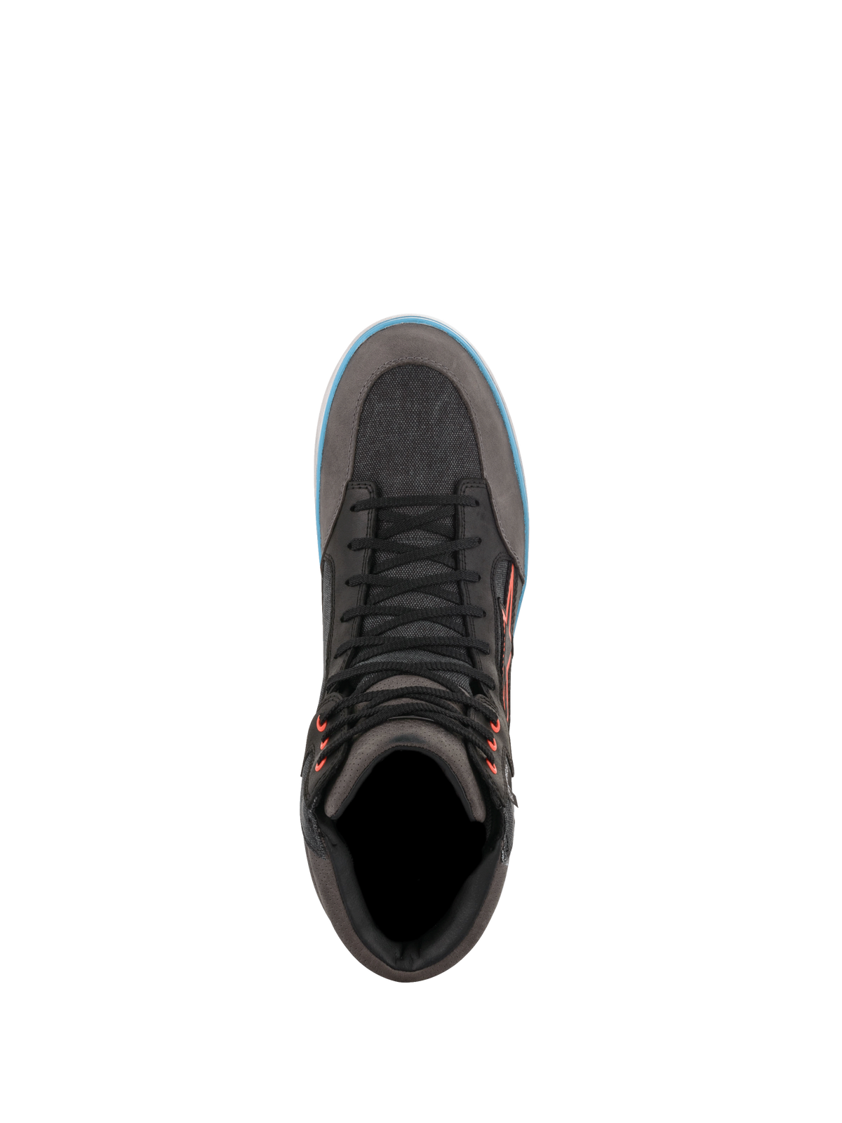 Alpinestars J-6 Wasserdichte Canvas Motorradschuhe, Urban-Sneaker in Grau und Schwarz mit hellblauen Akzenten, Draufsicht.