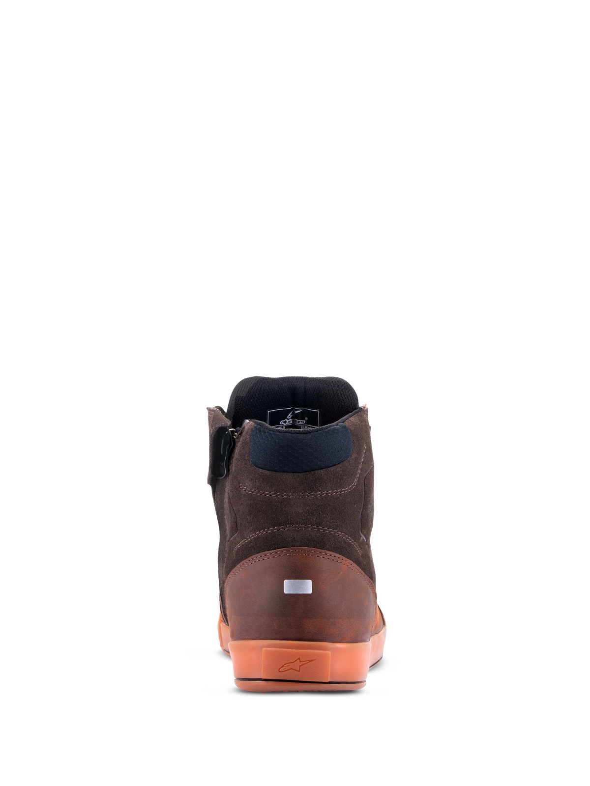 Alpinestars Chrome Crafted Drystar® schoenen, achteraanzicht, Brown Gum, casual urban motorschoenen, constructie van leer en suède, doorschijnende gumzool met logo in reliëf, reflecterend hielaccent