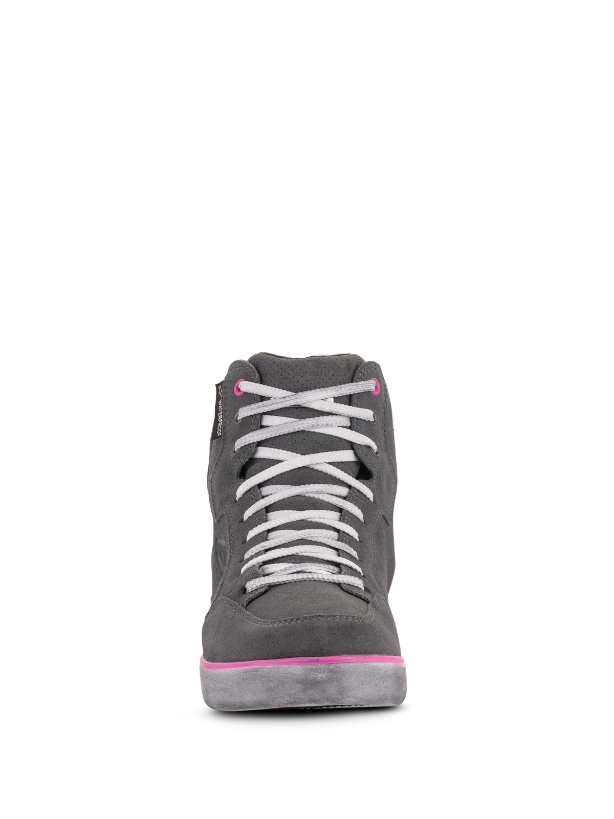 Chaussures imperméables Alpinestars J-6 pour femme, chaussures de moto, gris clair et fuchsia, vue de face d'une basket montante avec lacets blancs et accents fuchsia, conception en cuir et daim imperméables