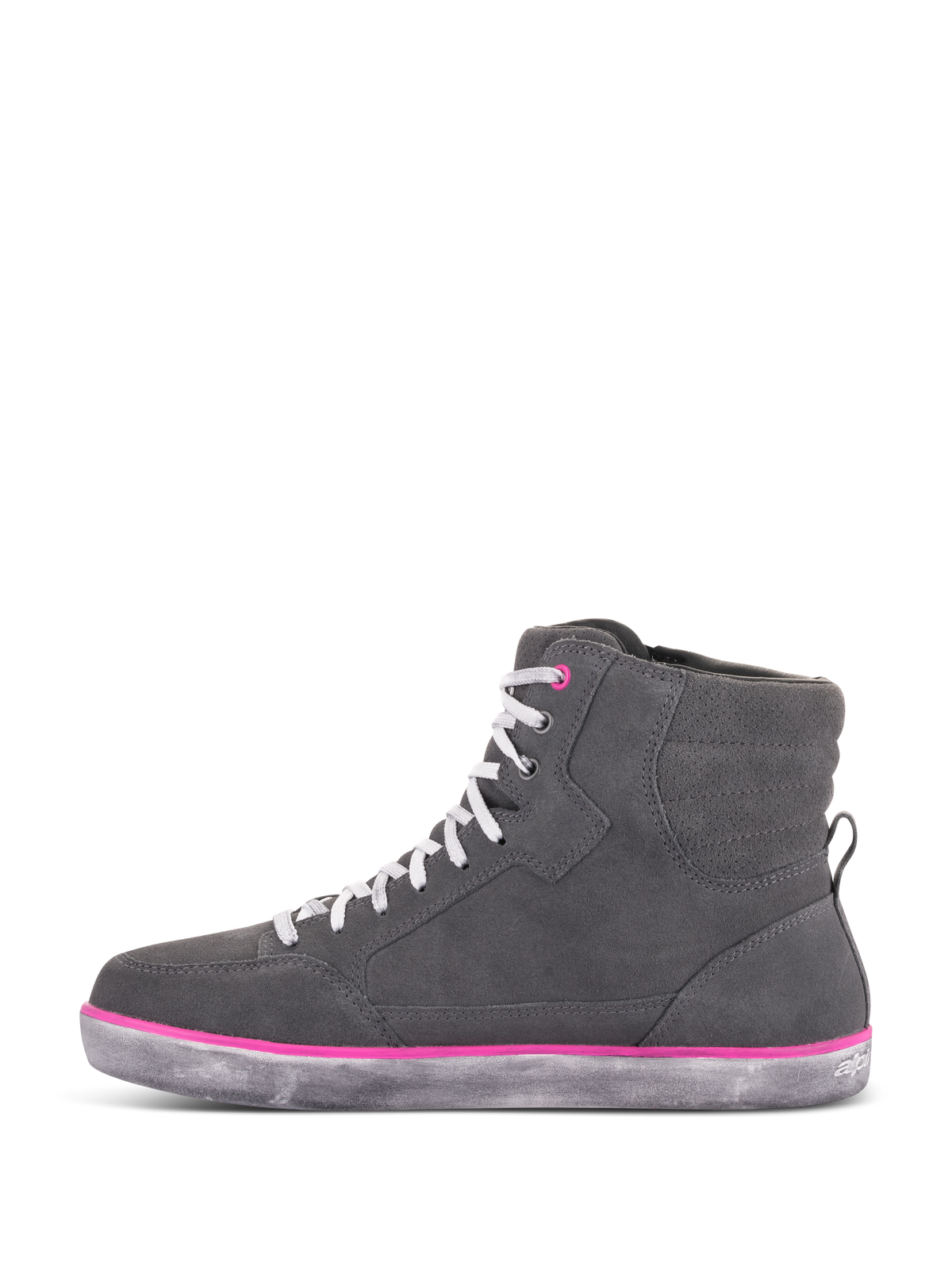 Chaussures imperméables Alpinestars J-6 pour femme, chaussures de moto, gris clair et fuchsia, design de basket montante avec tige en daim gris, lacets blancs, accents fuchsia et semelle en caoutchouc gris effet vieilli
