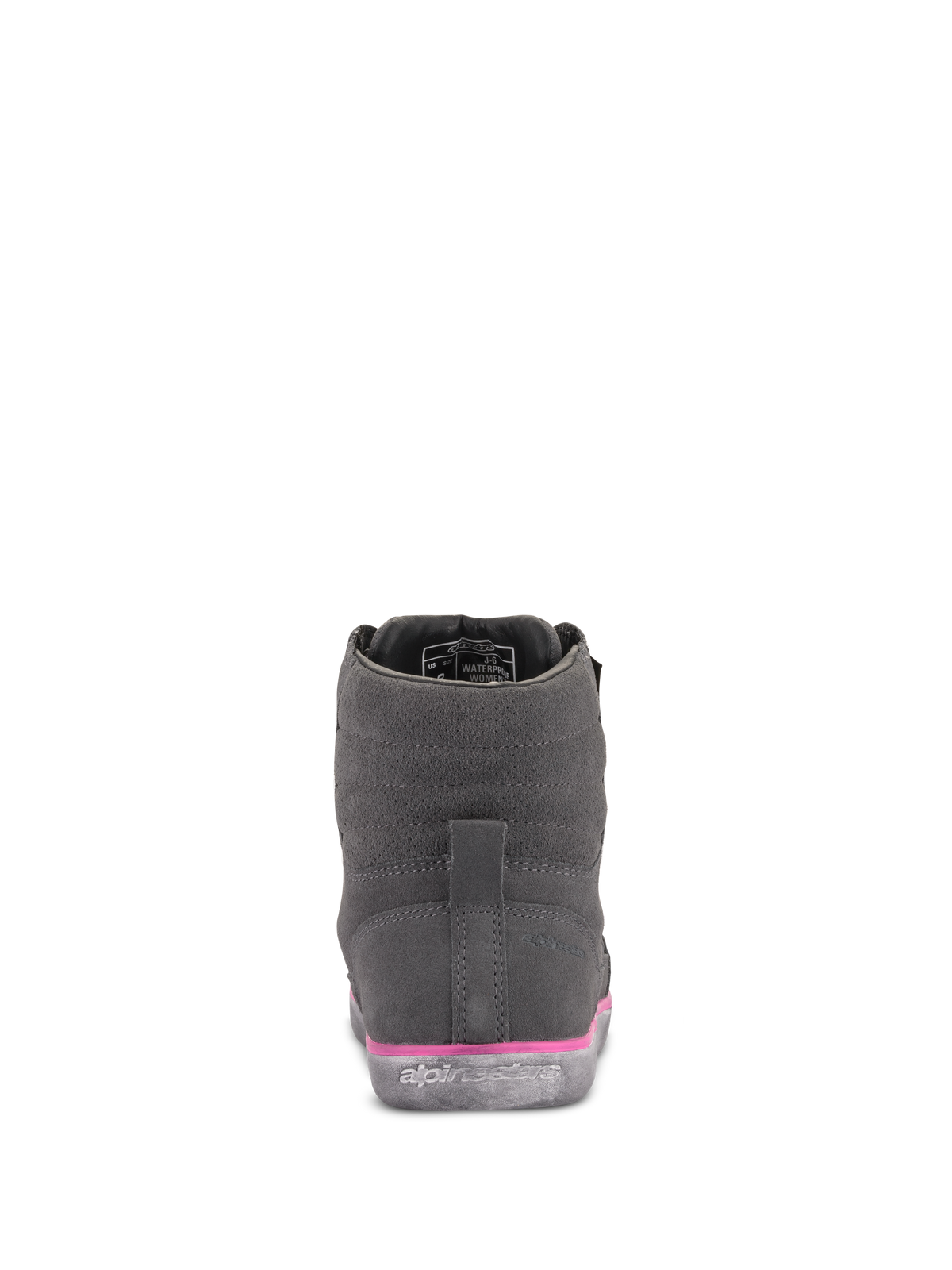 Chaussure de moto Alpinestars J-6 Waterproof pour femme, gris et fuchsia, vue arrière, tige en daim avec détail rose sur la semelle intermédiaire et logo embossé sur la semelle en caoutchouc, chaussure de moto urbaine