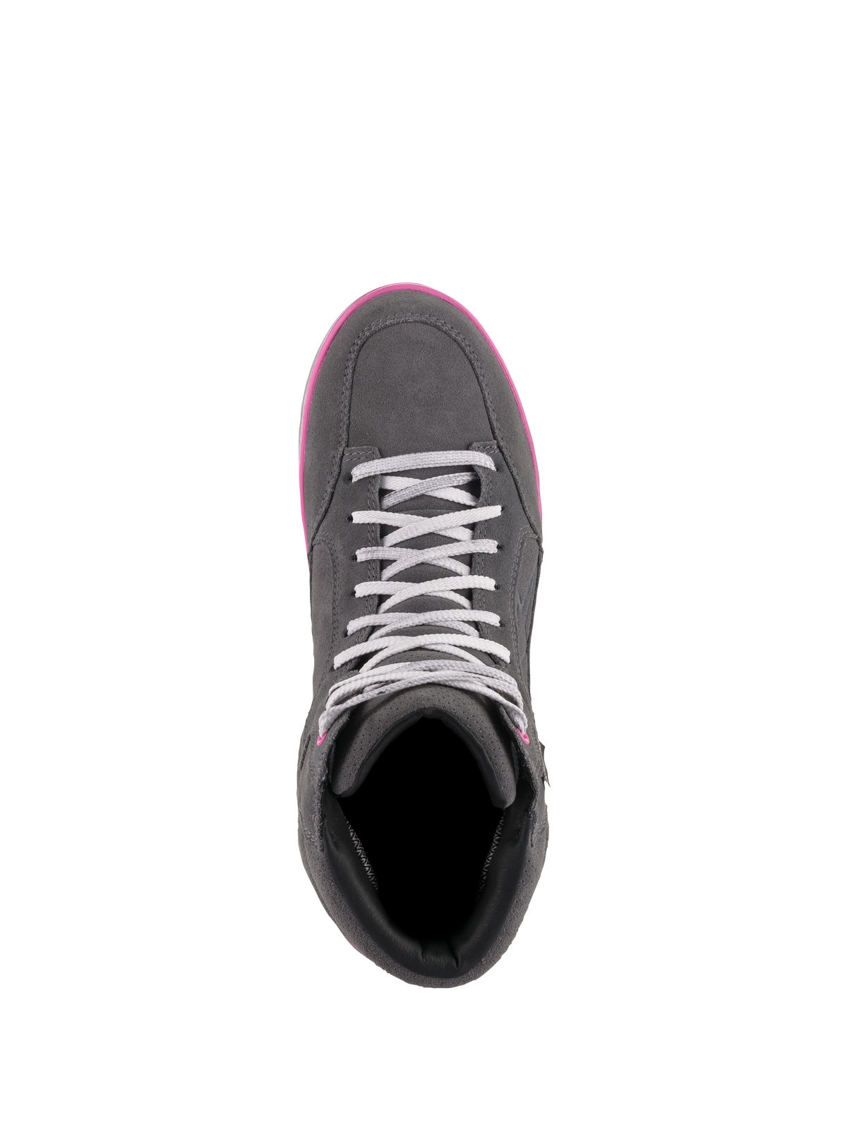 Chaussures imperméables Alpinestars J-6 pour femme, chaussures de moto, gris et fuchsia, vue de dessus montrant la construction en daim et en cuir, lacets gris clair et bordure de semelle rose vif.
