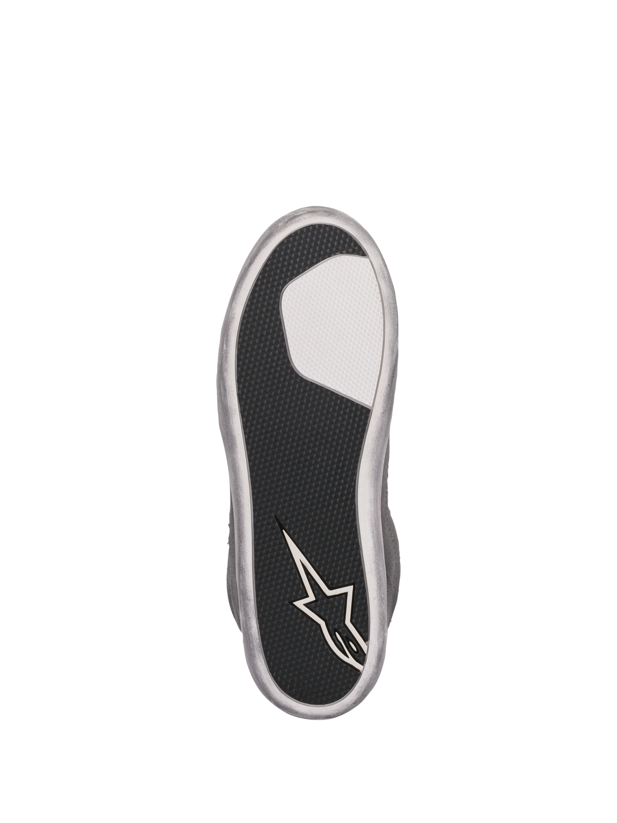 Chaussures Alpinestars J-6 Waterproof Femme, vue de la semelle extérieure, semelle en caoutchouc texturé noir avec insert blanc et logo étoile Alpinestars au talon, contour gris argenté, design offrant une adhérence durable