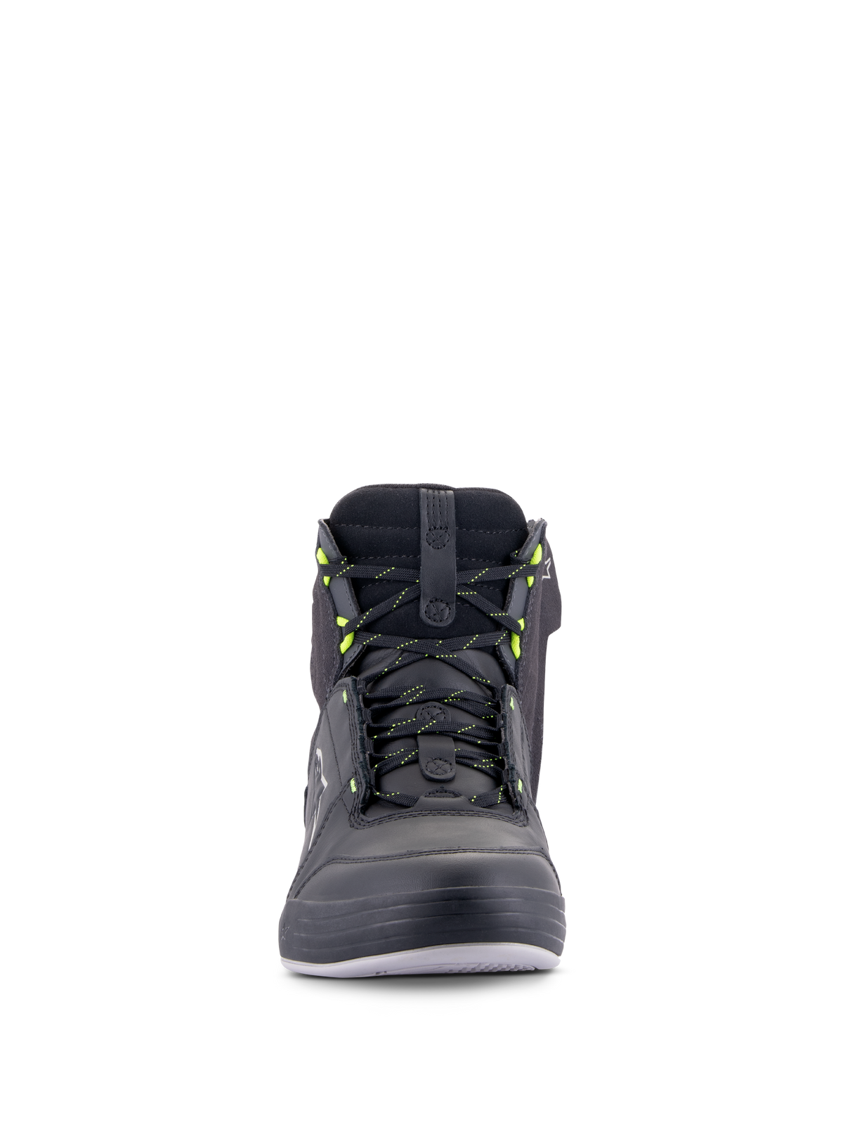 Alpinestars Chrome Drystar® Schuhe, urbane Motorradschuhe, Schwarz Dunkelgrau Gelb Fluo, Vorderansicht mit Schnürsenkeln mit gelben Akzenten, High-Top-Leder- und Wildlederkonstruktion, wasserdichtes, lässiges Streetwear-Design