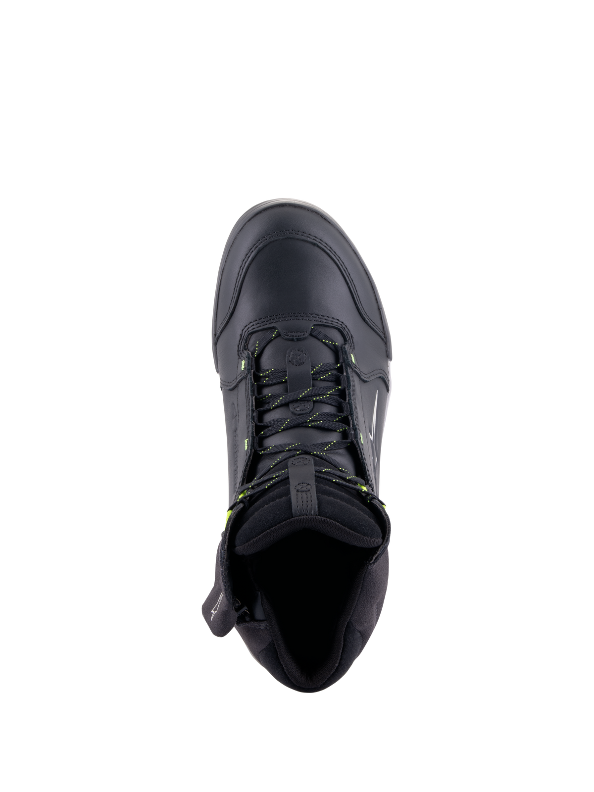 Alpinestars Chrome Drystar® Schuhe, urbane Motorradschuhe, Schwarz und Gelb Fluo, Draufsicht zeigt die Konstruktion aus hochwertigem Leder, gelb akzentuierte Schnürsenkel und gepolsterter Kragen für hohen Tragekomfort