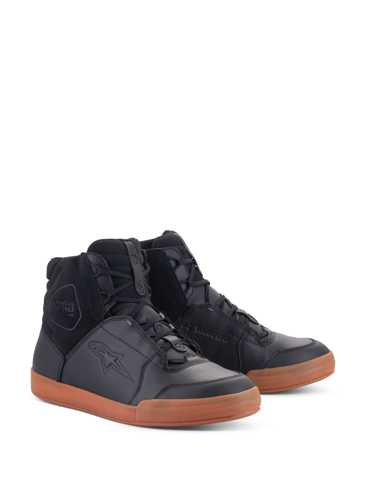 Alpinestars Chrome Drystar® Schuhe, wasserdichte Urban-Motorradschuhe, Obermaterial aus schwarzem Leder und Wildleder mit brauner Gummisohle, High-Top-Sneaker-Design, lässige Fahrausrüstung mit Schutzfunktionen