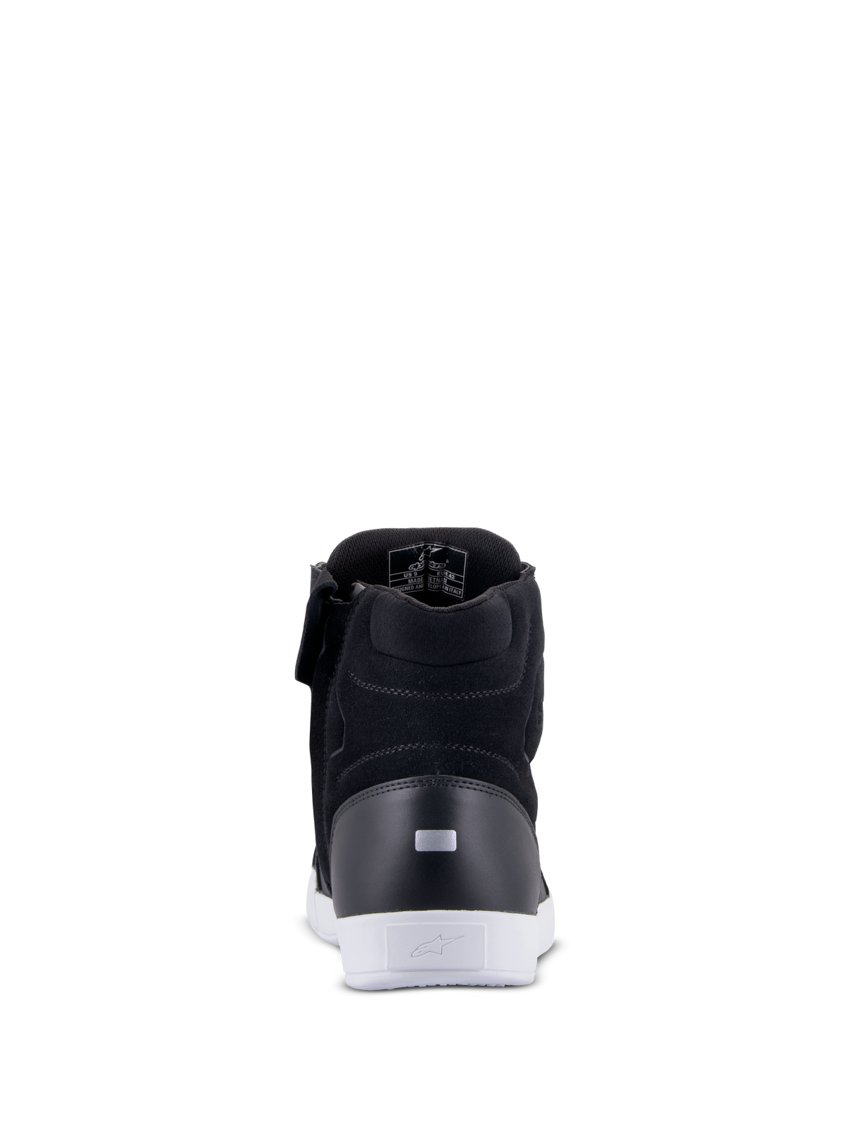 Alpinestars Chrome Drystar® Schuhe, urbane Motorradschuhe, Schwarz und Weiß, Rückansicht mit reflektierender Fersenlasche, weiße urbane Sohle mit Logo, Leder- und Wildlederkonstruktion für urbanen Fahrkomfort