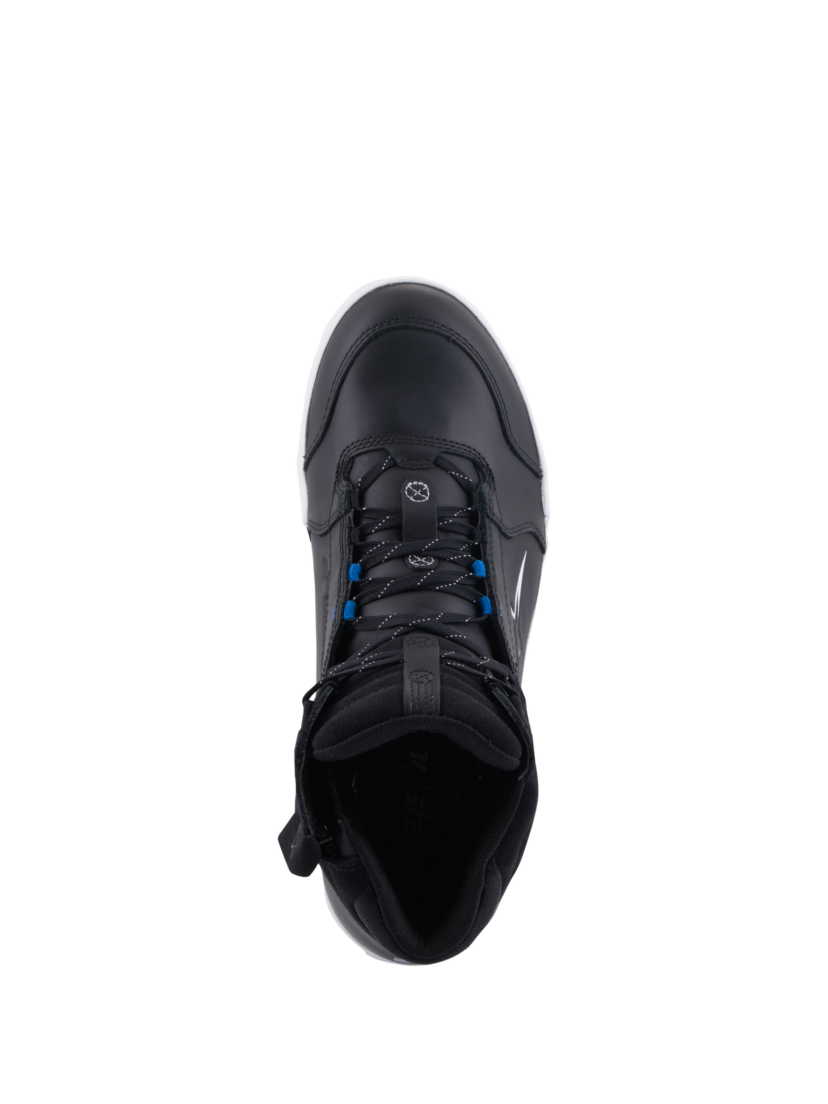 Alpinestars Chrome Drystar® Schuhe, Urban-Motorradschuhe, Schwarz Weiß Blau, Draufsicht mit schwarzen Schnürsenkeln und blauen Akzenten, hochwertige Lederkonstruktion, schützendes Design im Street-Style