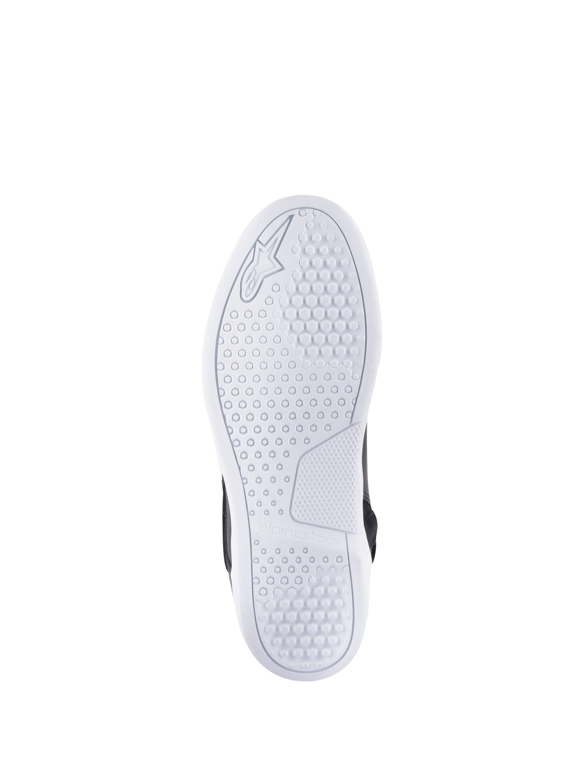 Alpinestars Chrome Drystar® Schuhe, Unteransicht der Sohle, Weiß, mit hexagonalem Profilmuster für Traktion, geprägtem Alpinestars-Logo und Branding, lässiger urbaner Motorradschuh