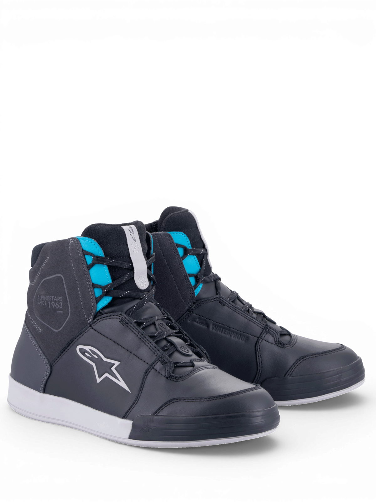 Alpinestars Chrome Drystar® schoenen, waterdichte dames motorlaarzen in zwart en turquoise leer en suède.
