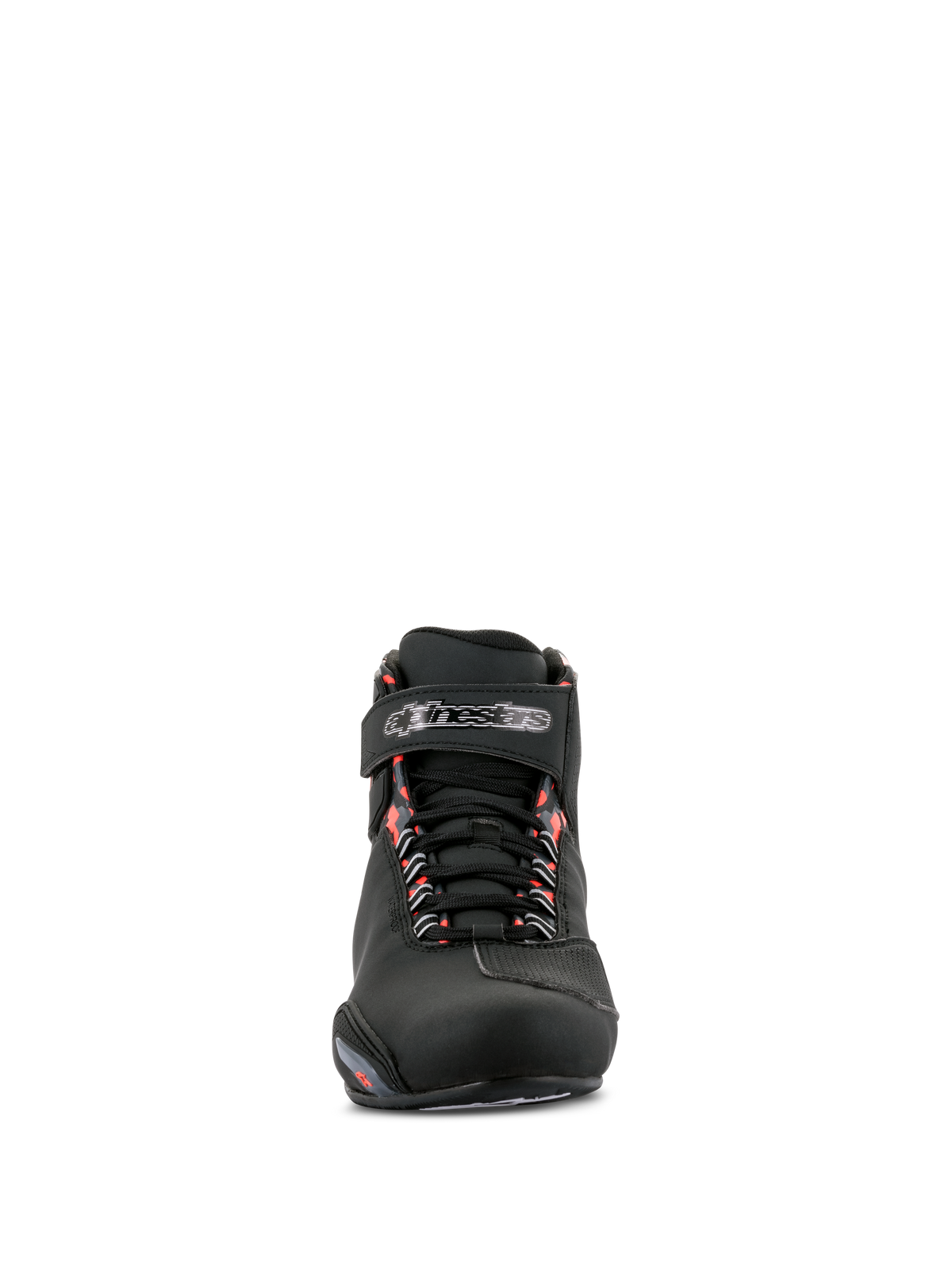 Alpinestars Sektor Waterproof schoenen, motorschoenen, zwart, donkergrijs en fluorood, vooraanzicht met zwart microvezel chassis, vetersluiting met klittenband enkelband met merklogo en fluorode accenten op de veteroogjes
