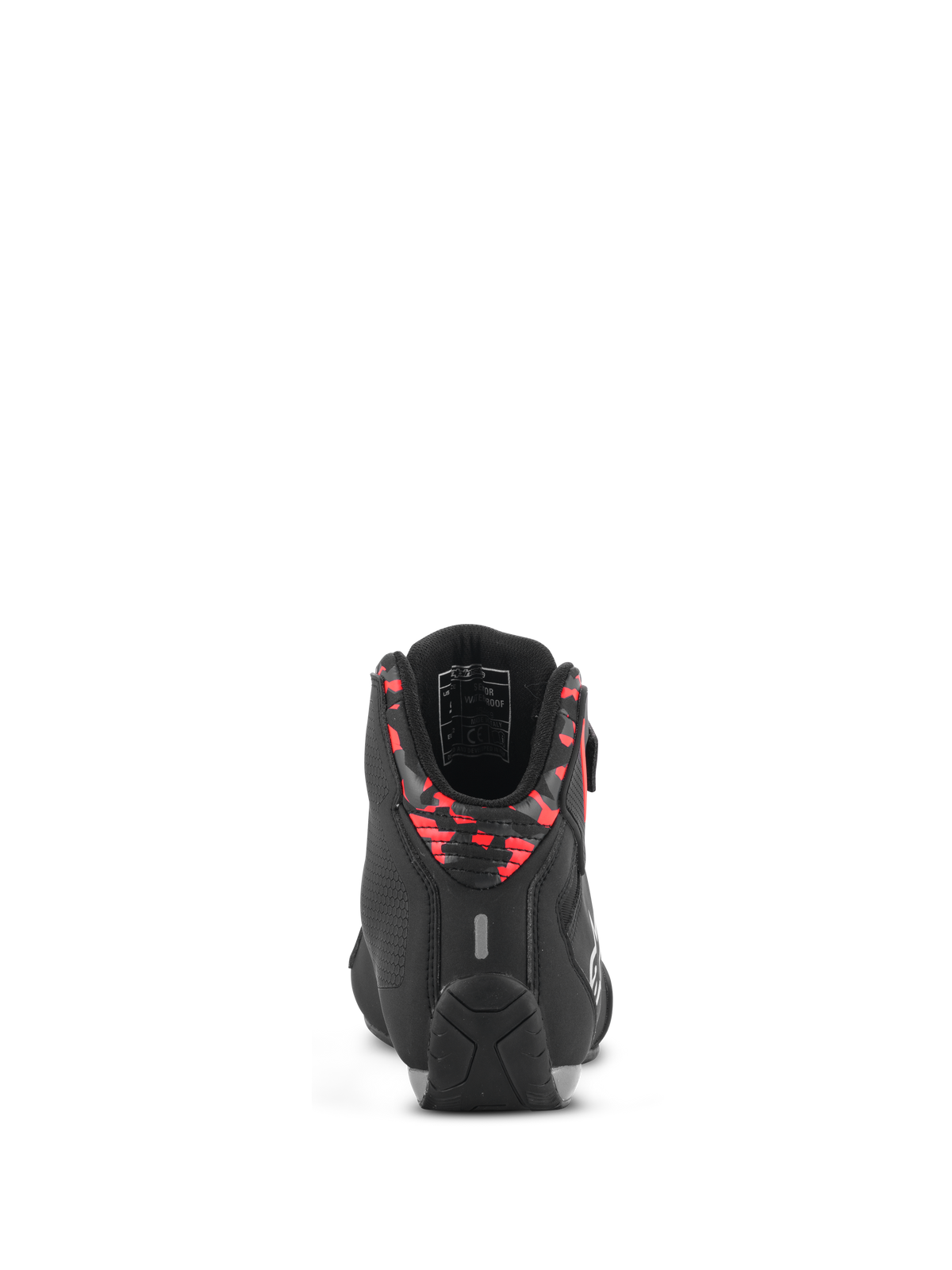 Alpinestars Sektor Waterproof schoenen, motorschoenen, zwart, donkergrijs en fluo rood, achteraanzicht met de hielkraag met patroon, reflecterende tab en duurzame rubberen zool, lichtgewicht microvezel constructie