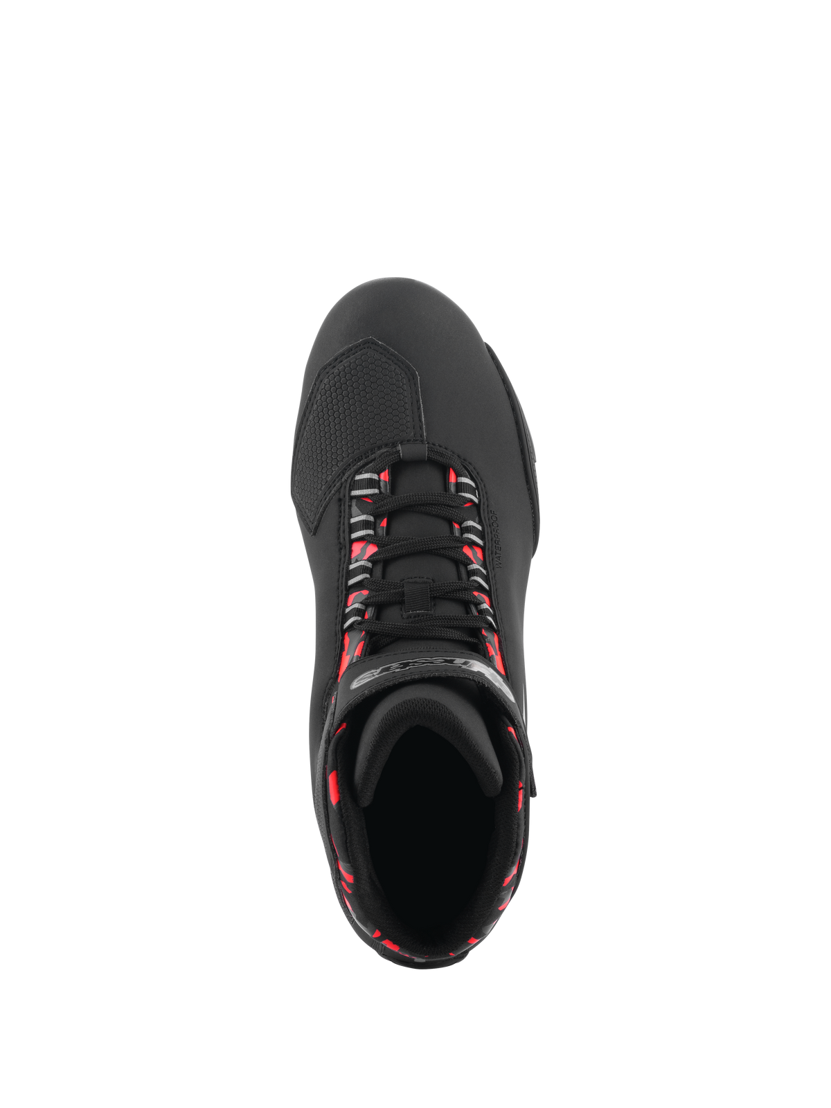 Alpinestars Sektor Waterproof schoenen, motorschoenen, zwart, donkergrijs en rood fluo, bovenaanzicht met zwarte veters met fluorescerende rode accenten, getextureerde neus voor het schakelen en strakke microvezelconstructie