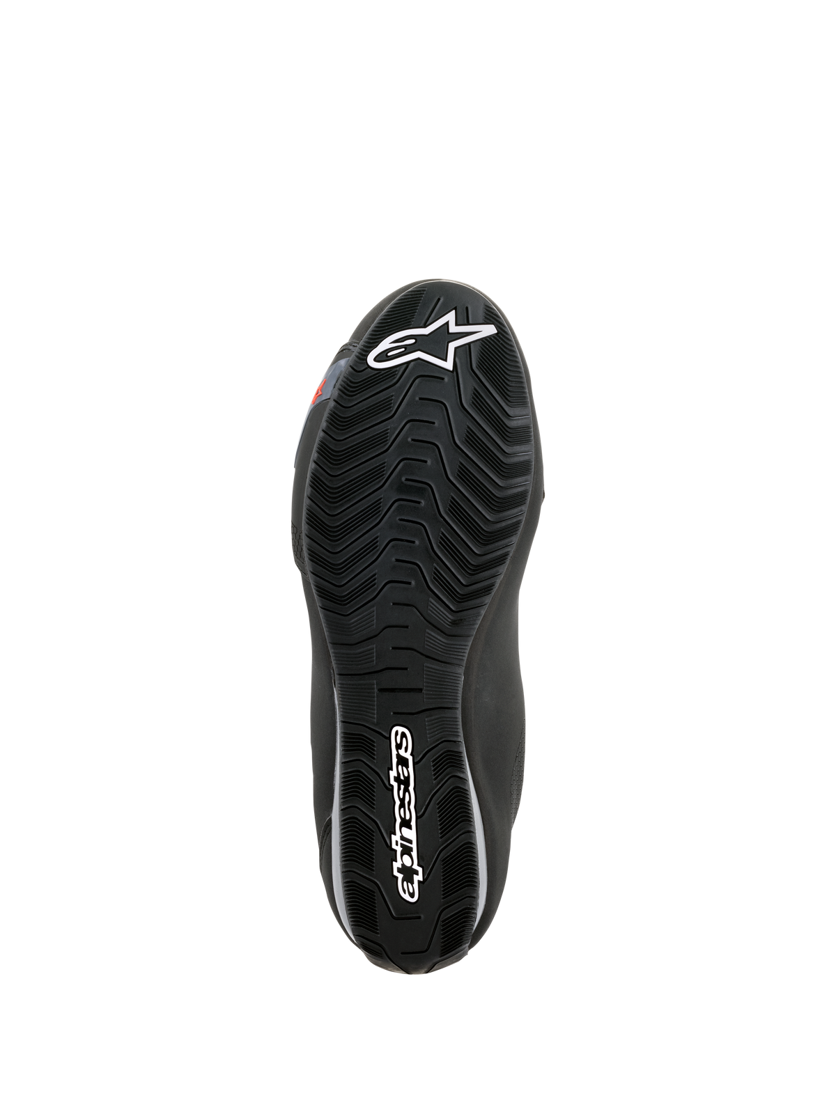 Alpinestars Sektor Waterproof schoenen, onderaanzicht van de zool, zwart rubber met golfpatroon profiel voor waterafvoer, voorzien van wit Astars-logo en Alpinestars-branding, ontworpen voor grip en ondersteuning op de motorvoetsteunen