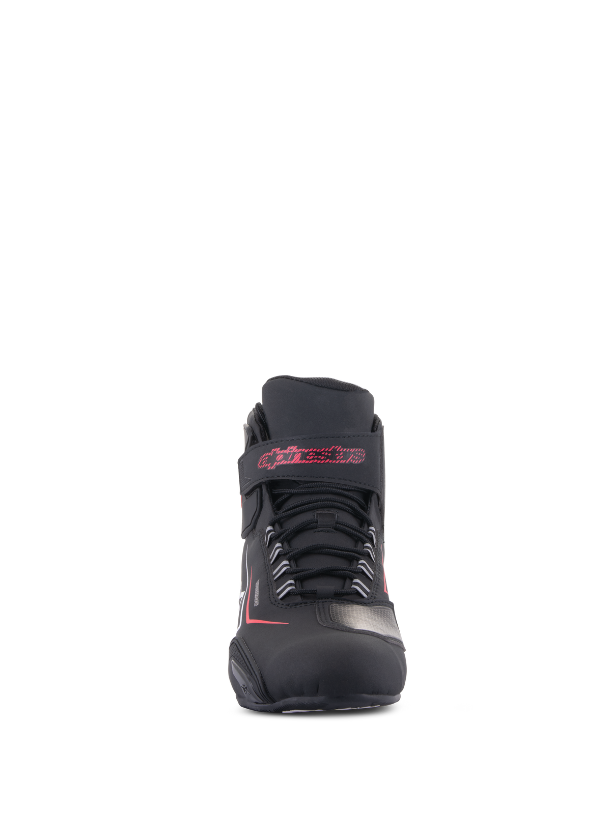 Chaussures étanches Alpinestars Sektor, chaussures de moto, noires avec des accents blancs et rouges, vue de face présentant un système de laçage sécurisé et une sangle de cheville en velcro avec lettrage Alpinestars rouge, finition en microfibre durable.