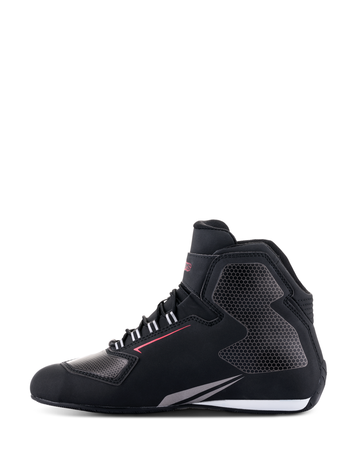 Chaussures étanches Alpinestars Sektor, chaussures de moto, noir, blanc et gris, vue de profil, châssis en microfibre légère avec panneaux gris à motif nid d'abeille, ligne rouge et détails blancs sur la semelle, équipement imperméable pour la route